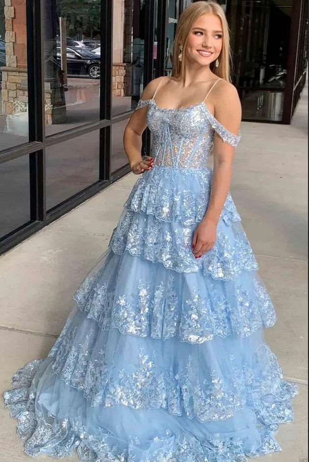 Light Blue Sequin Lace Ruffle Tiered Long Prom Dress, PC1361