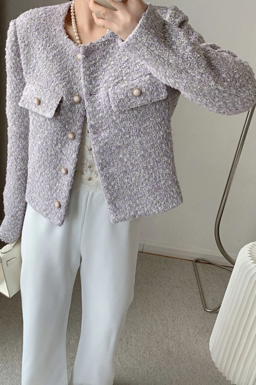 Light Purple Single Breasted Jewel Neck Wool Blend Short Jacket