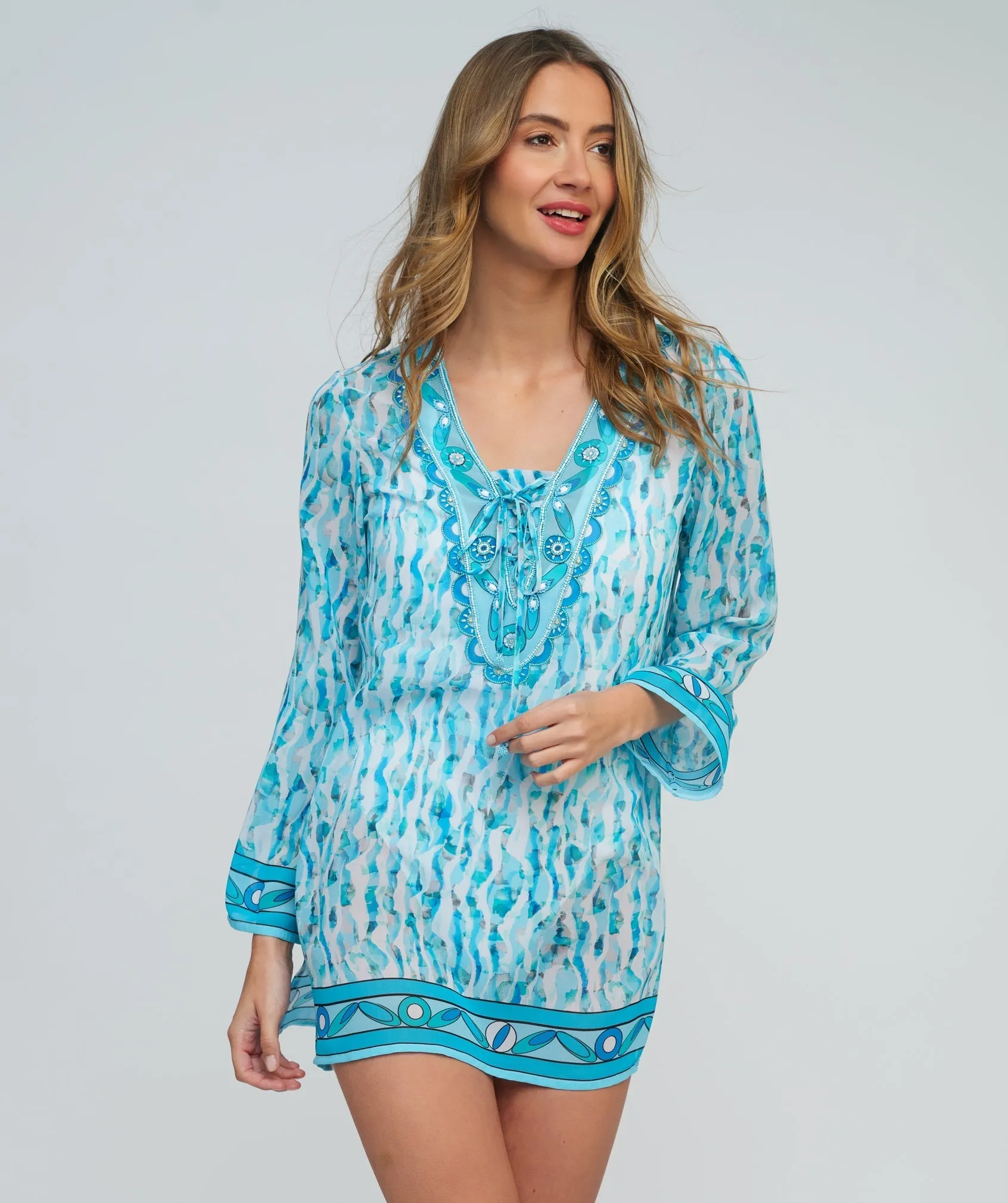 Light Sky Blue Printed Tunic with Embellished Neckline and Wide Sleeves