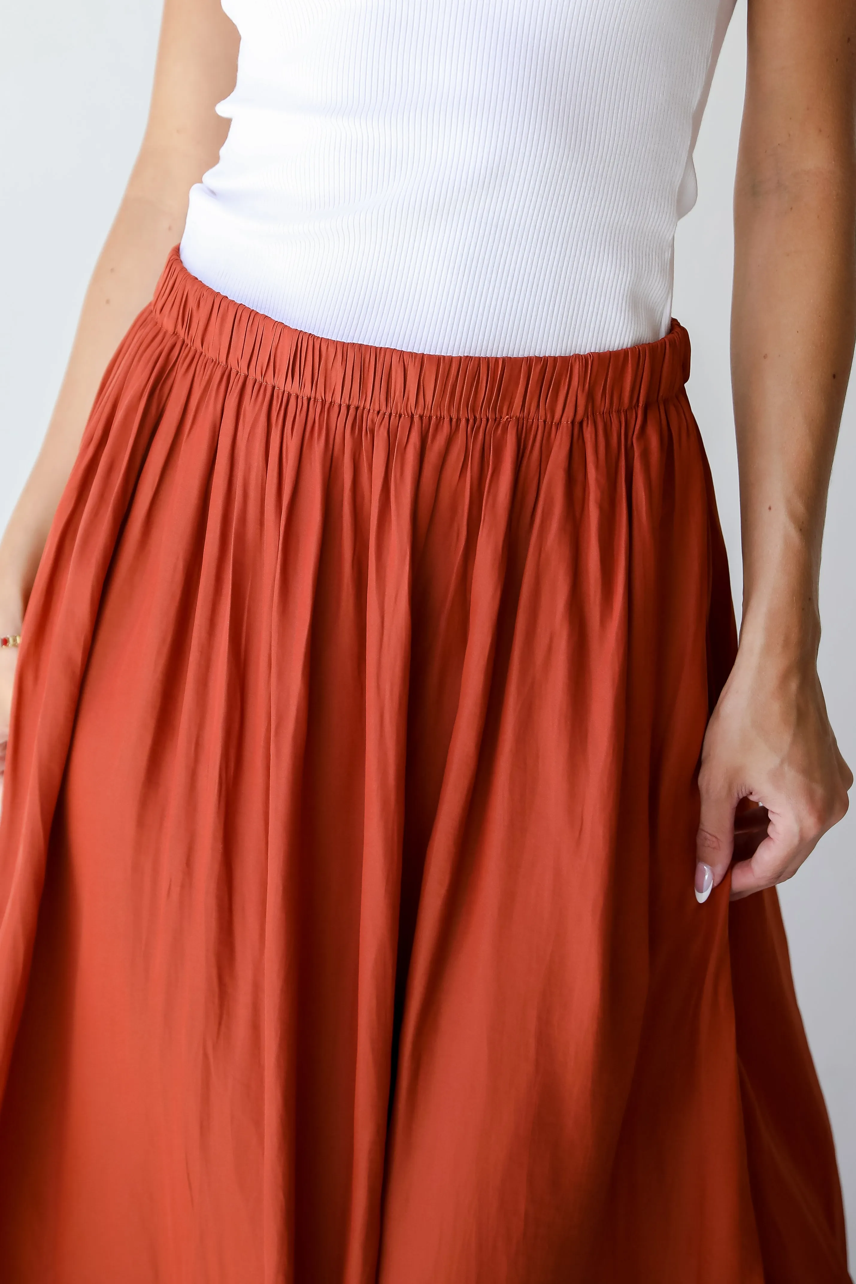 Lovely Intent Rust Satin Midi Skirt