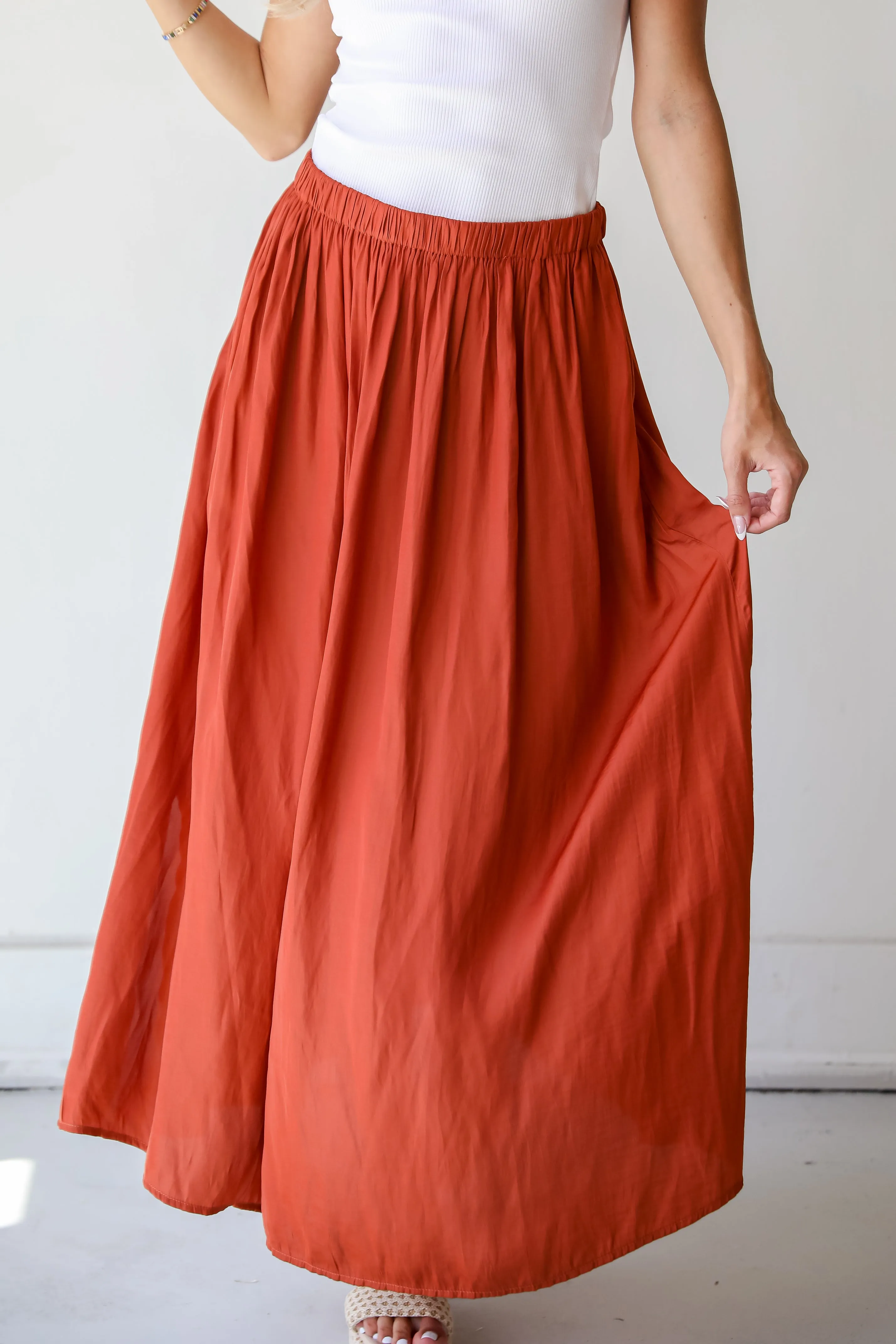 Lovely Intent Rust Satin Midi Skirt