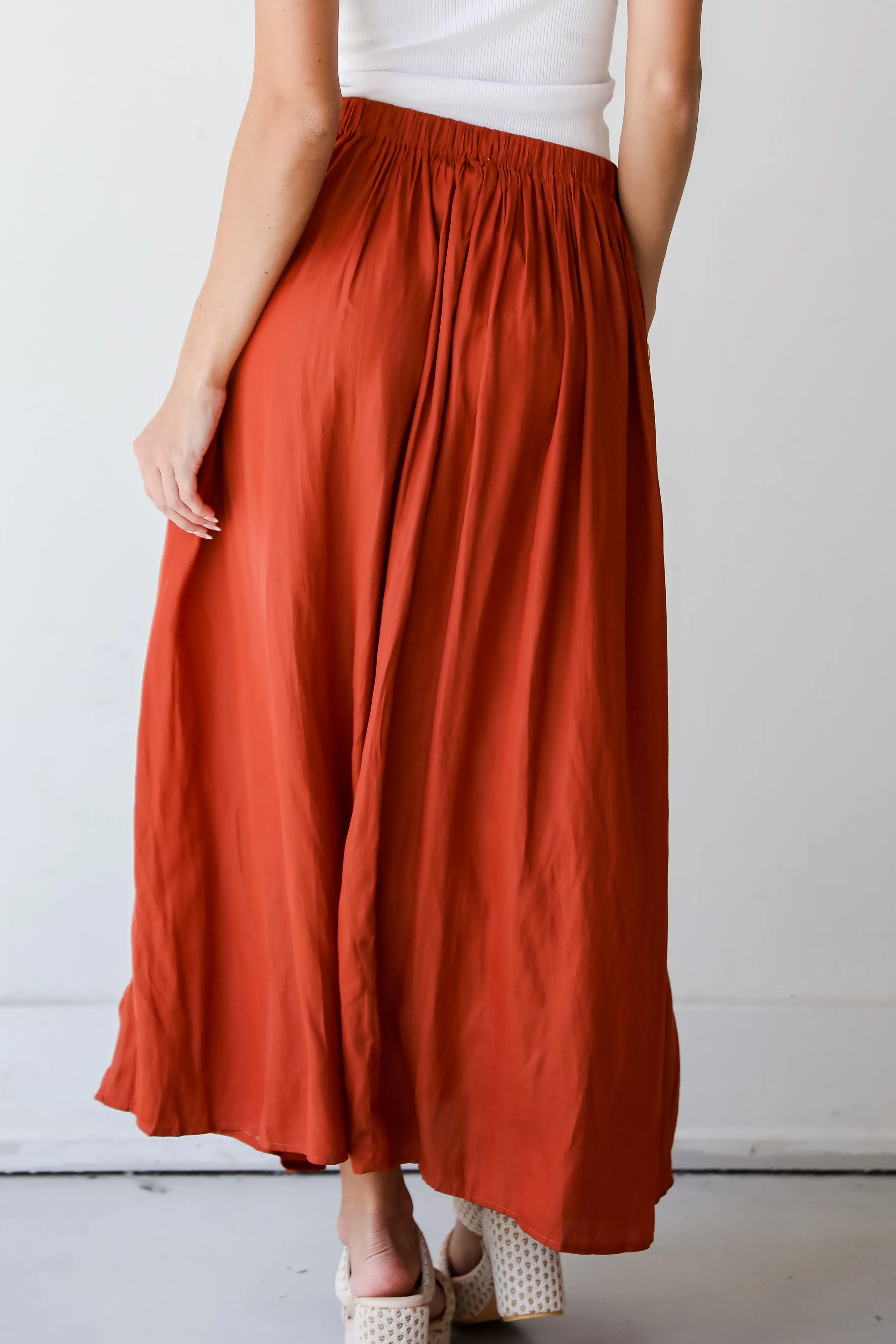 Lovely Intent Rust Satin Midi Skirt