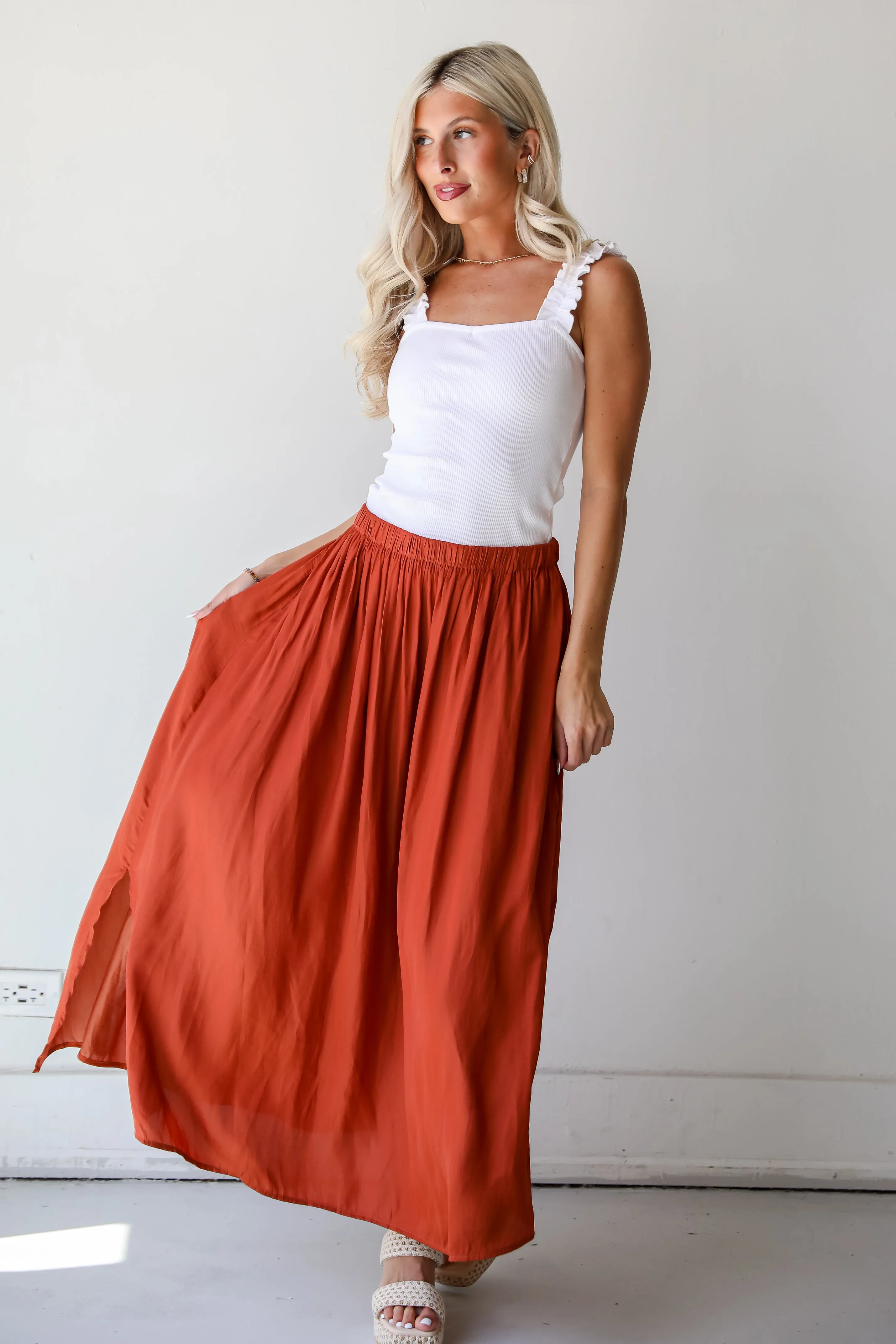 Lovely Intent Rust Satin Midi Skirt