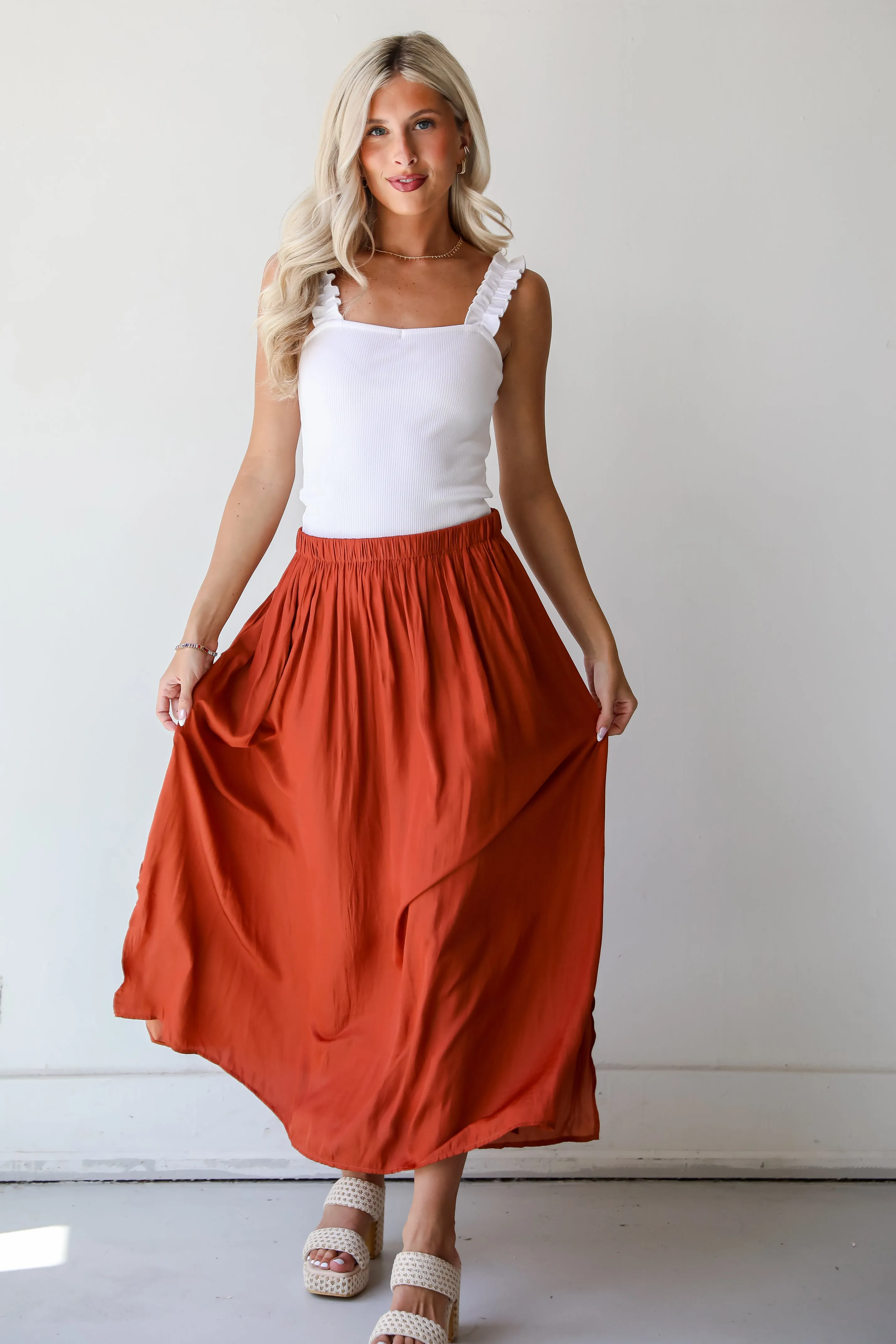 Lovely Intent Rust Satin Midi Skirt