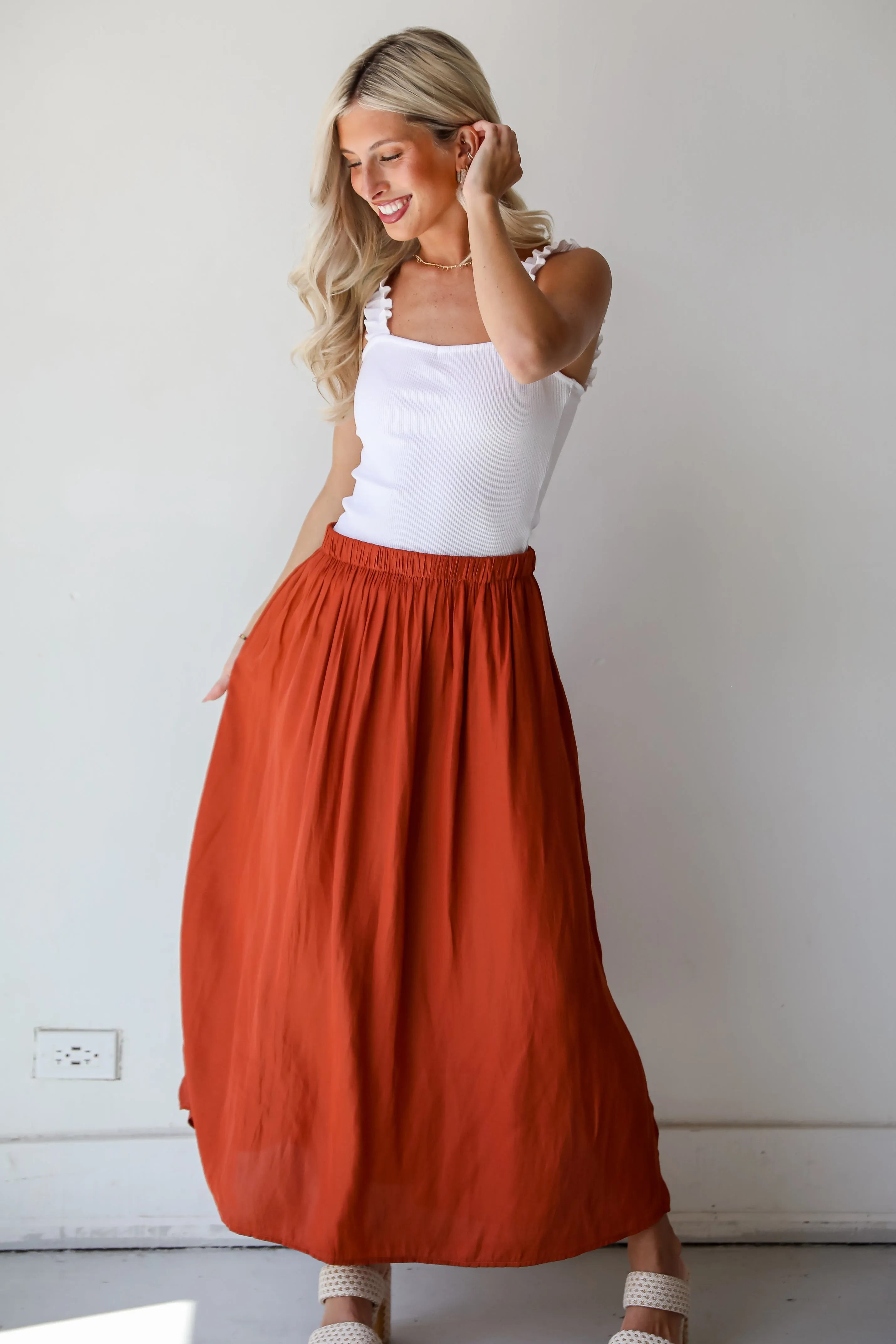 Lovely Intent Rust Satin Midi Skirt