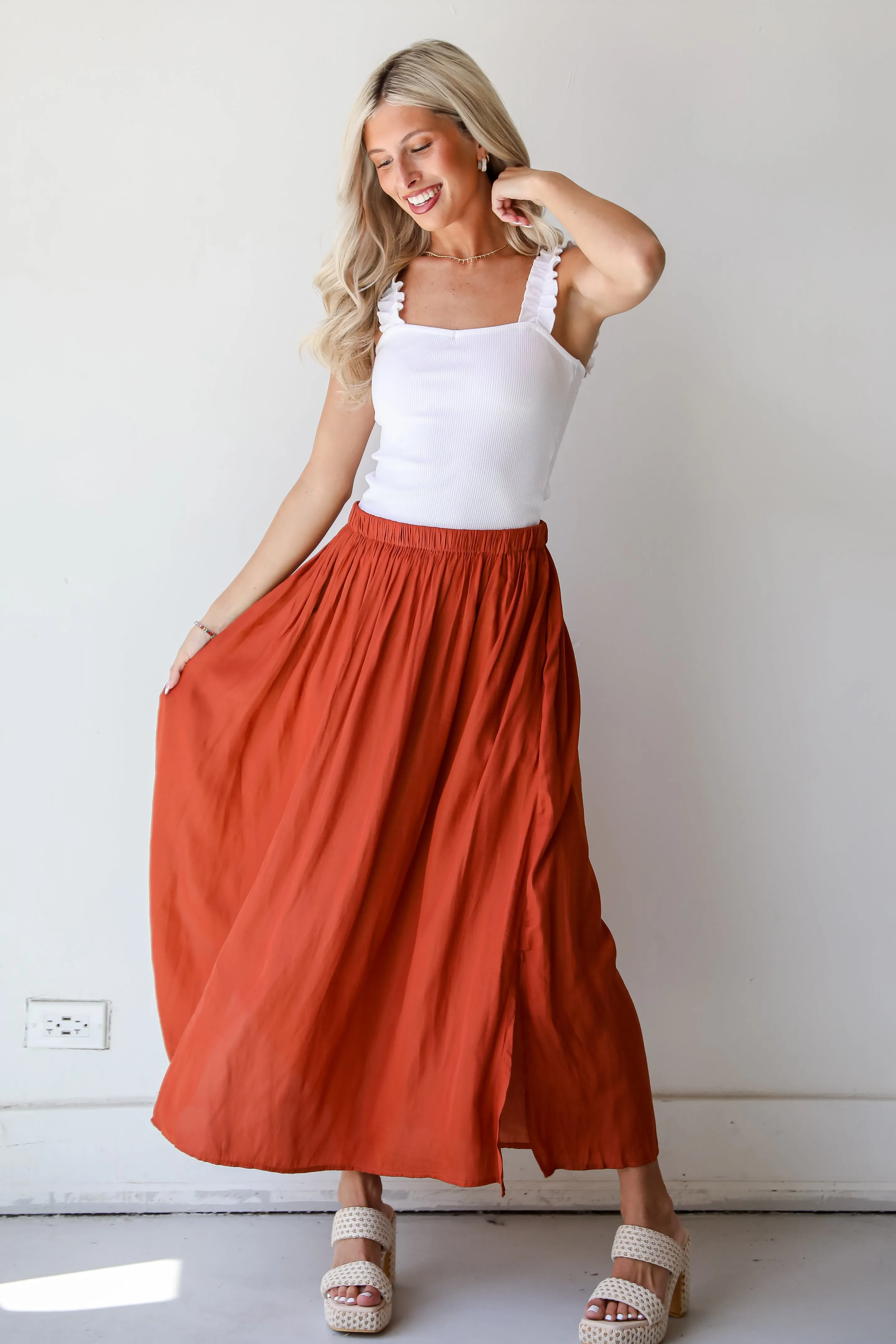 Lovely Intent Rust Satin Midi Skirt