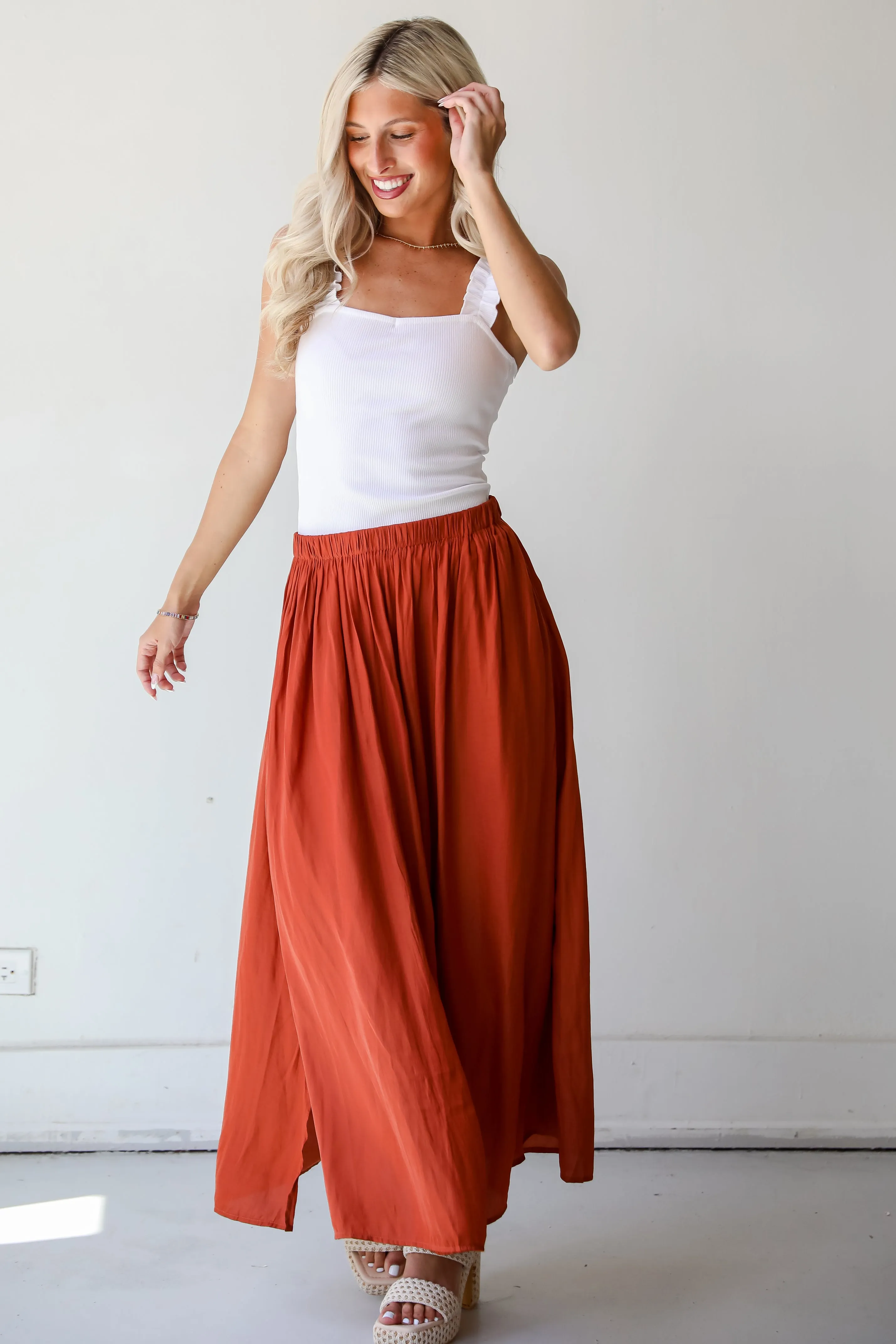 Lovely Intent Rust Satin Midi Skirt