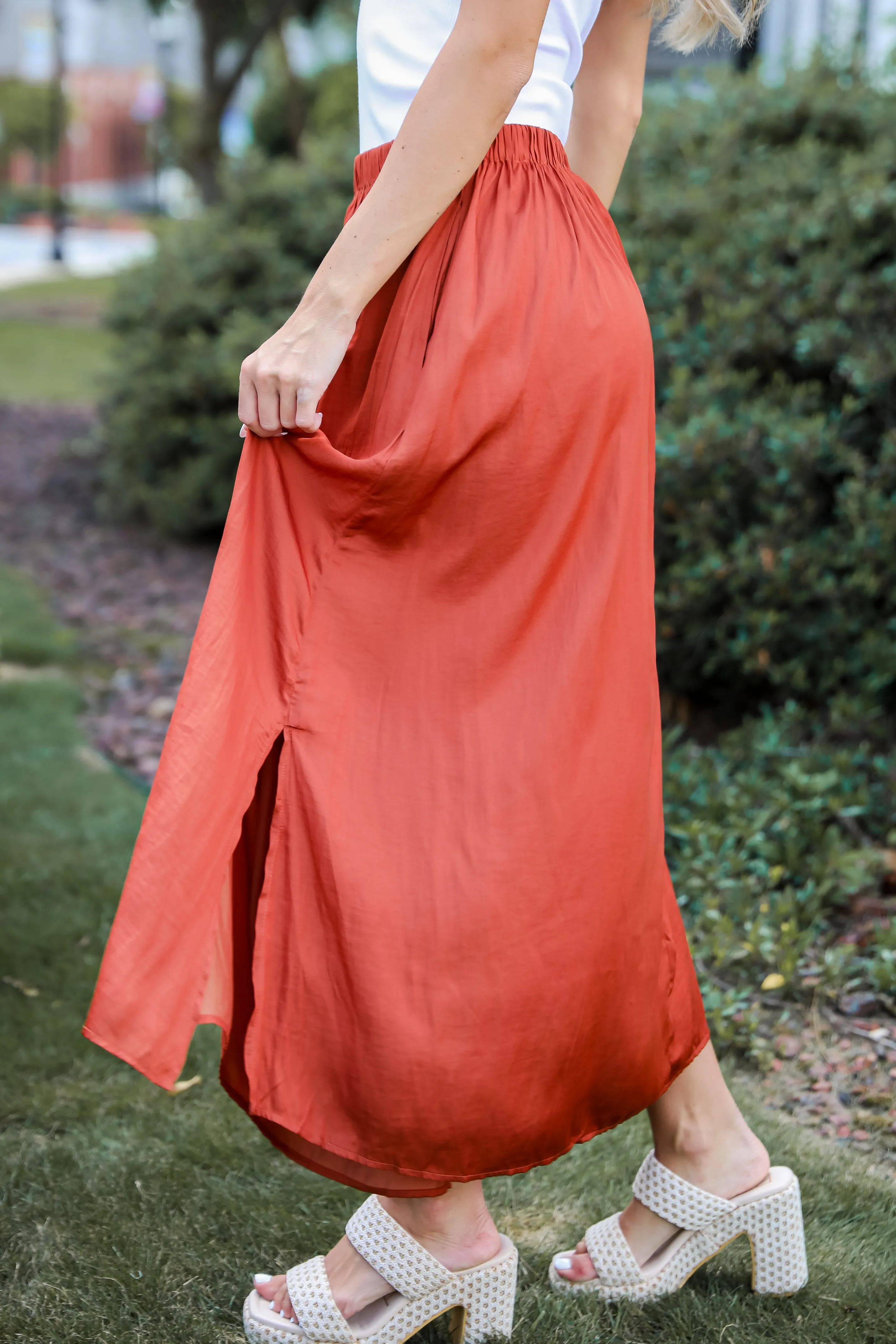 Lovely Intent Rust Satin Midi Skirt