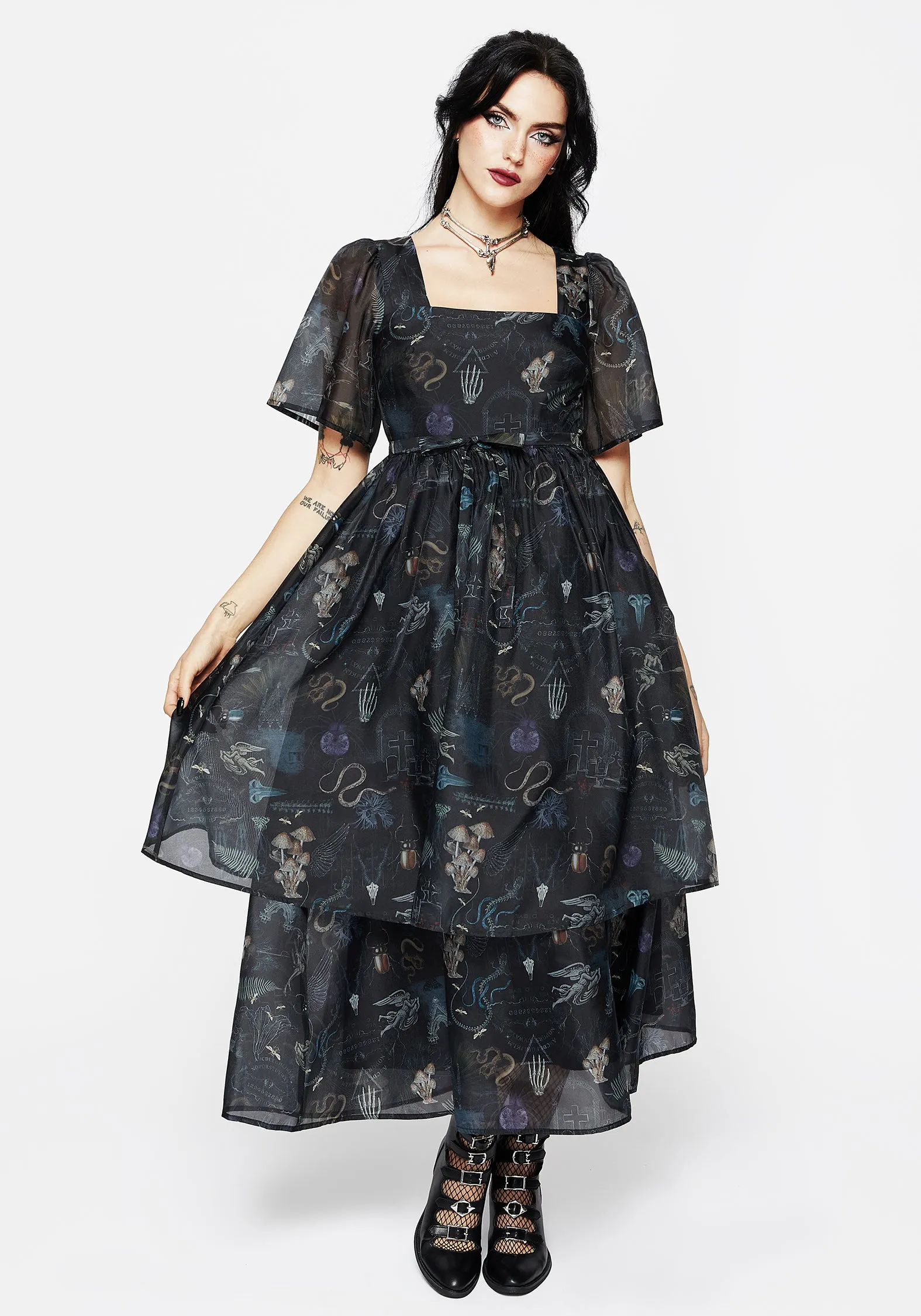 Maudeline Victoriana Print Layered Organza Midaxi Dress