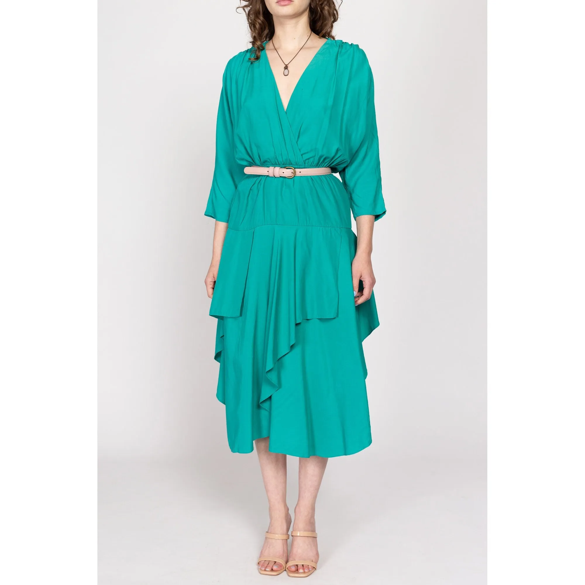 Medium 80s Teal Green Layered Skirt Midi Dress