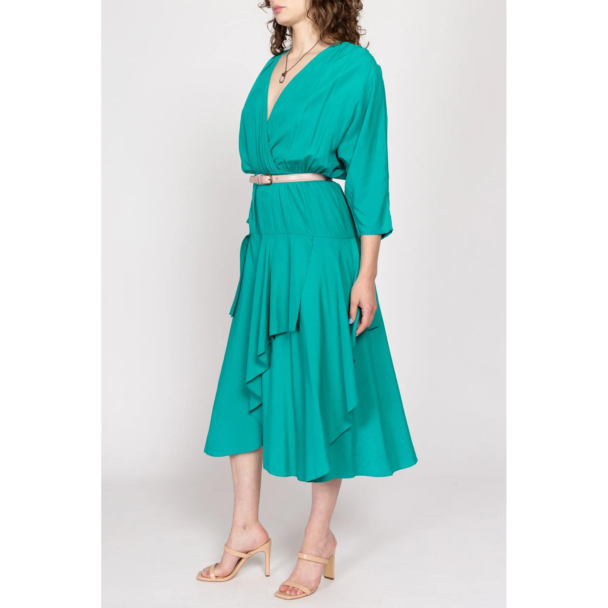 Medium 80s Teal Green Layered Skirt Midi Dress