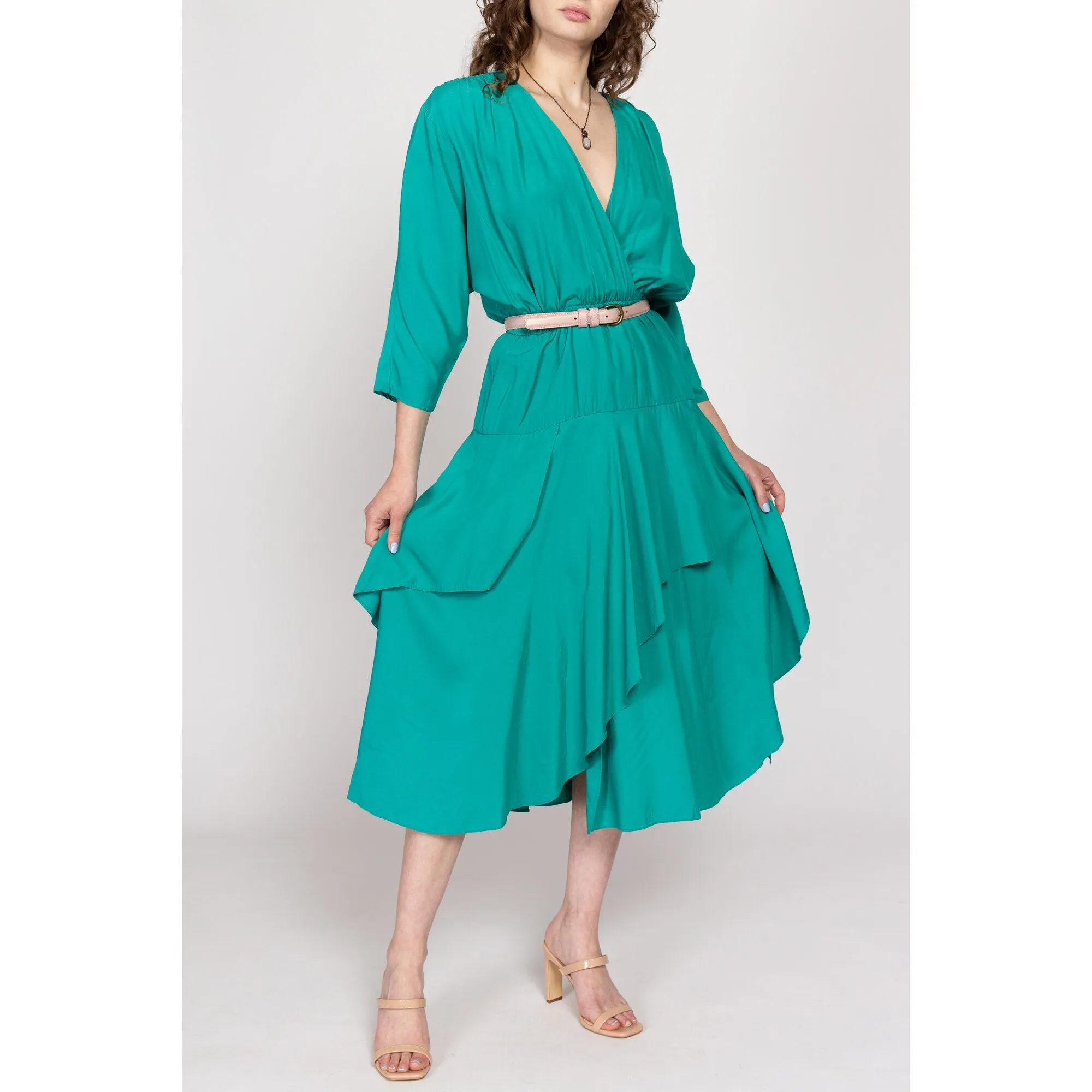 Medium 80s Teal Green Layered Skirt Midi Dress