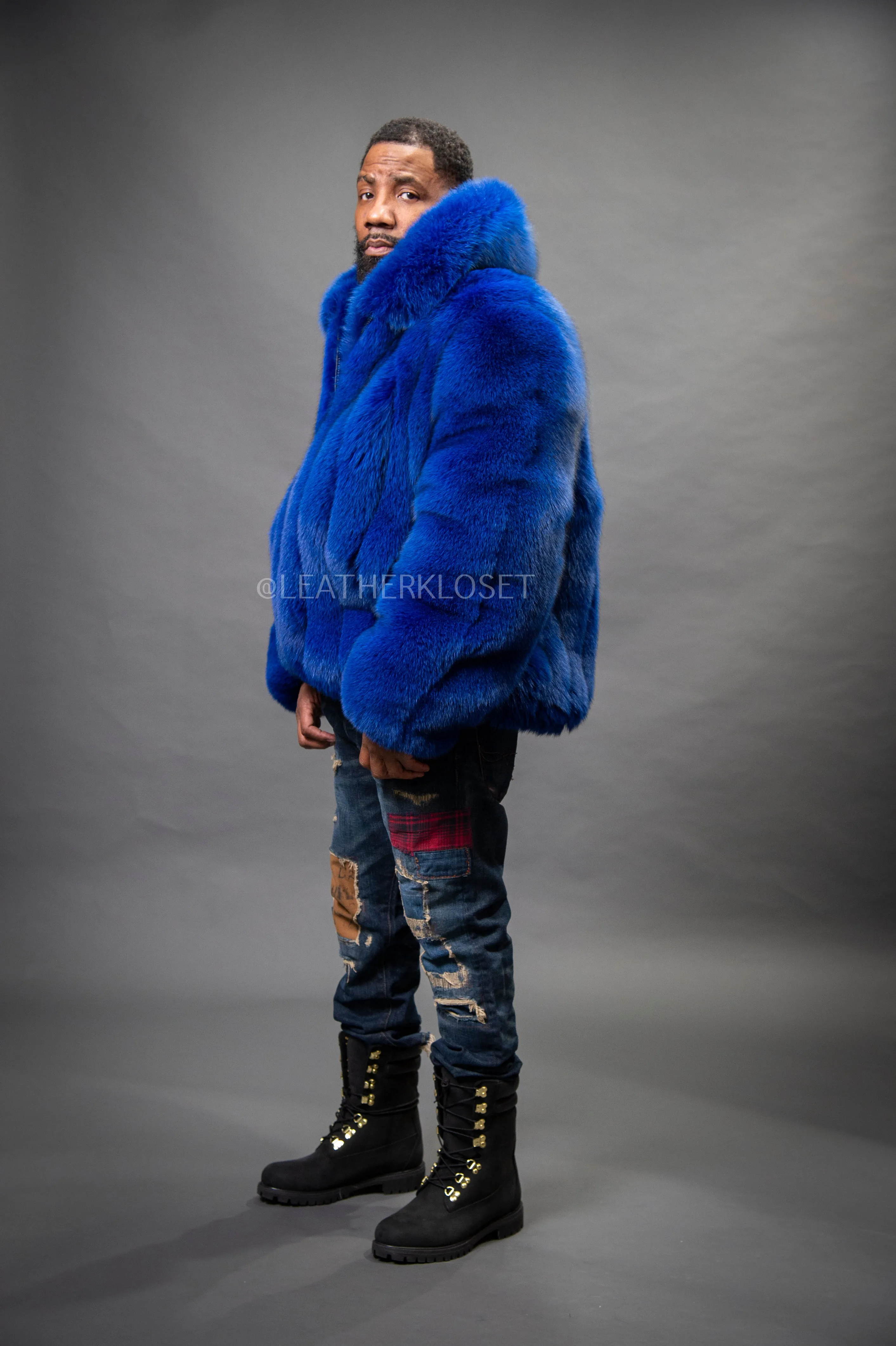 Men's Black Fox Fur Bomber Jacket [Royal Blue]