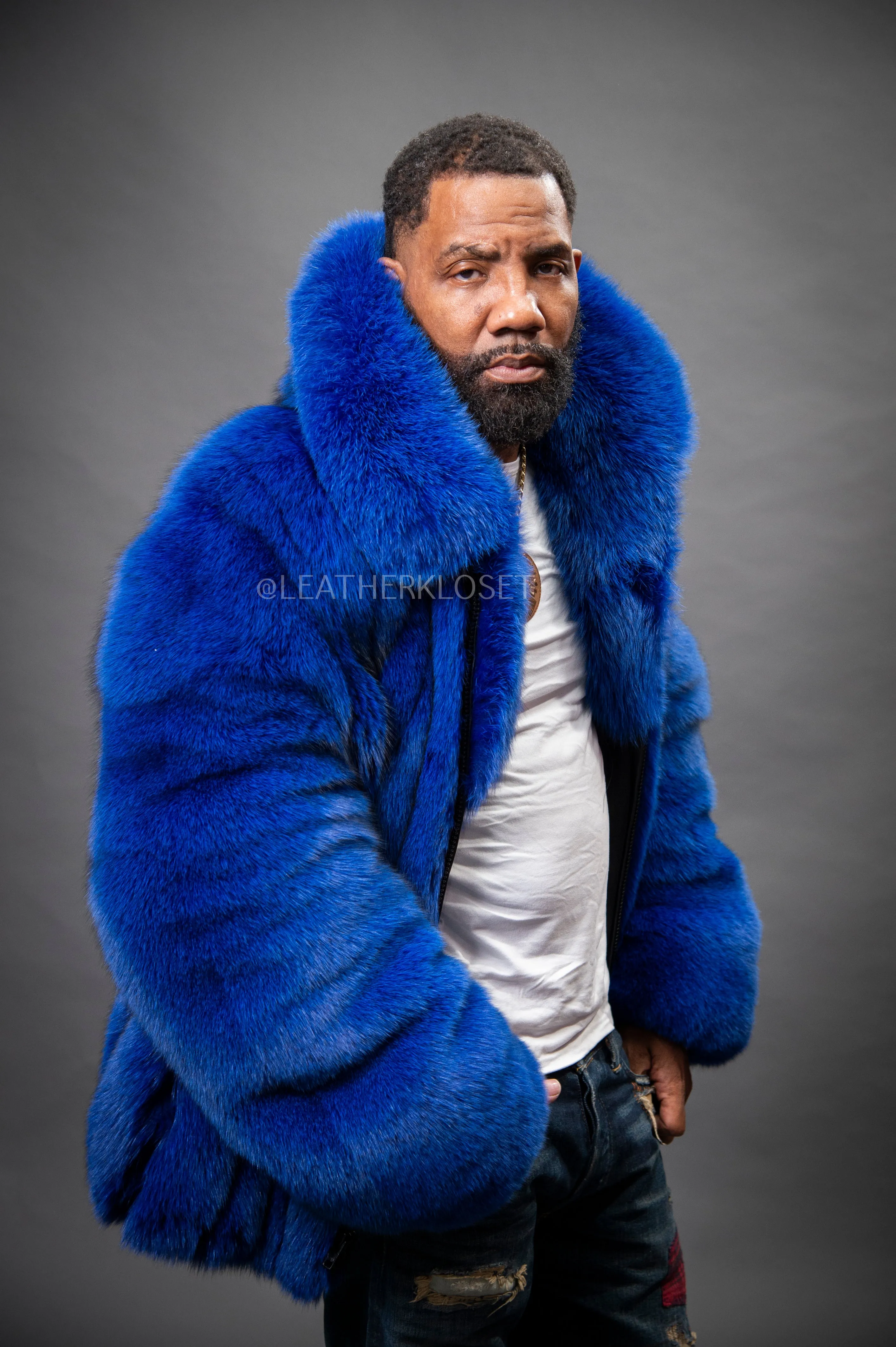 Men's Black Fox Fur Bomber Jacket [Royal Blue]