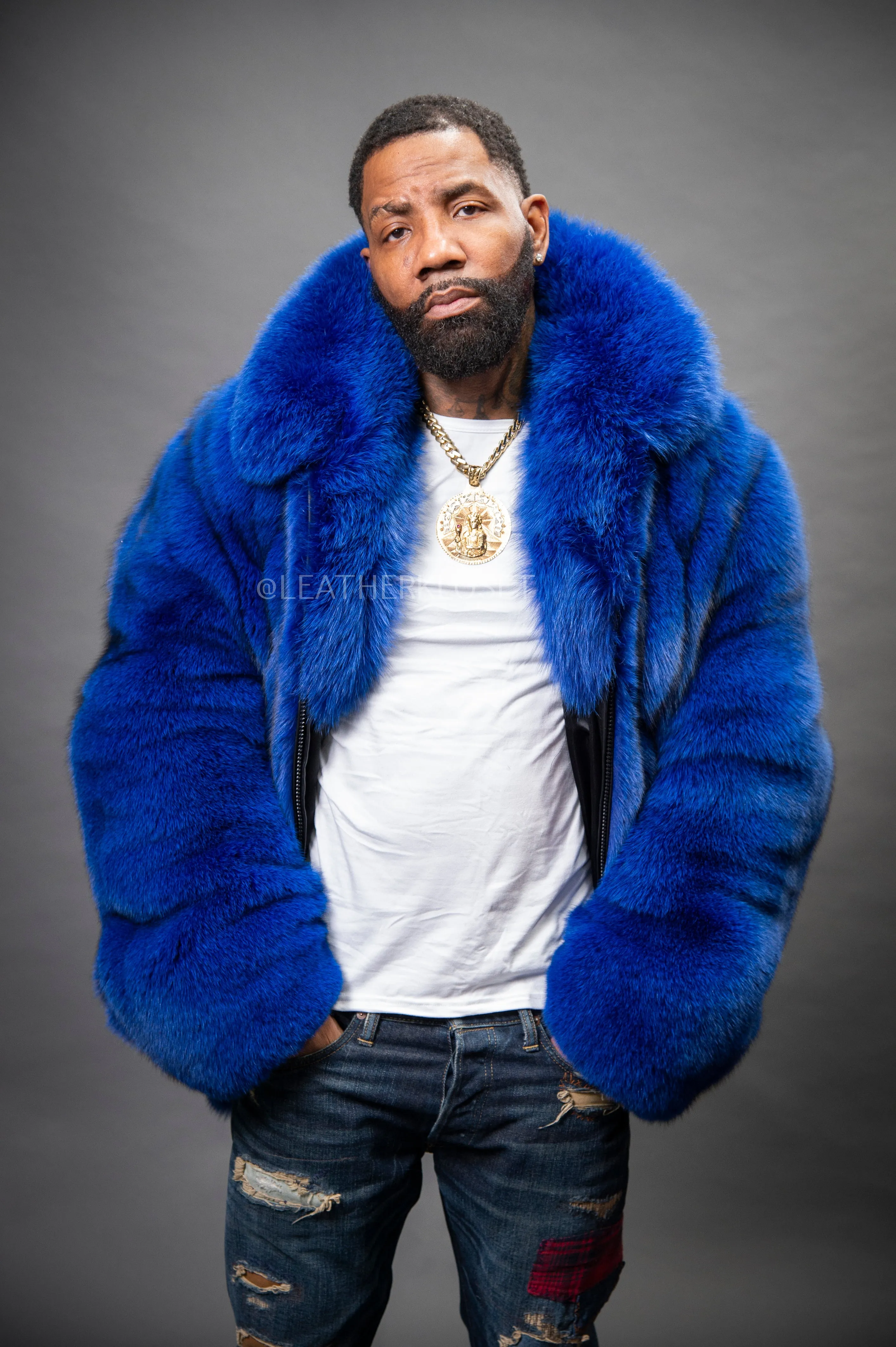 Men's Black Fox Fur Bomber Jacket [Royal Blue]