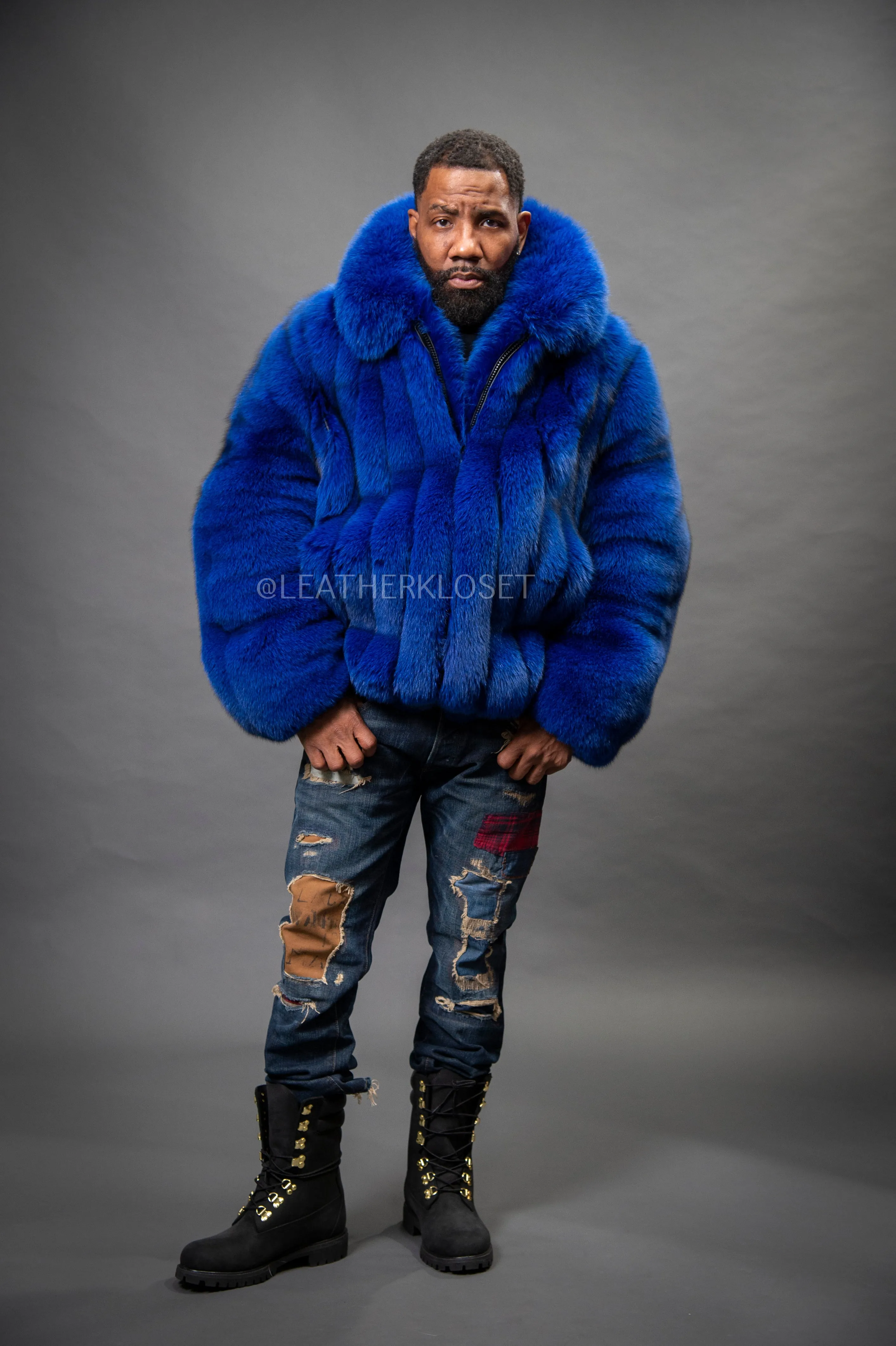 Men's Black Fox Fur Bomber Jacket [Royal Blue]