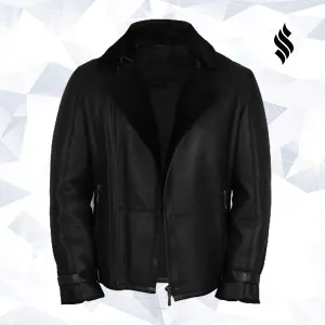 Men's Luxury Double Aviator Black Real Shearling Sheepskin Leather Flying Jacket