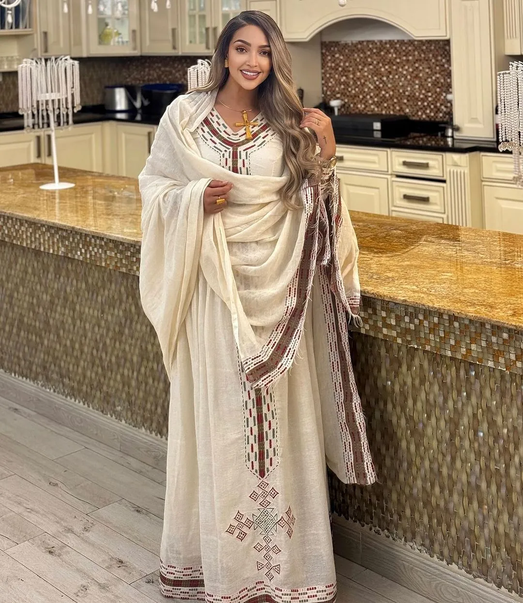 Mesmerizing Cream Habesha Dress: with Red and Brown Cross Stitched Traditional Embroidery Ethiopian Dress