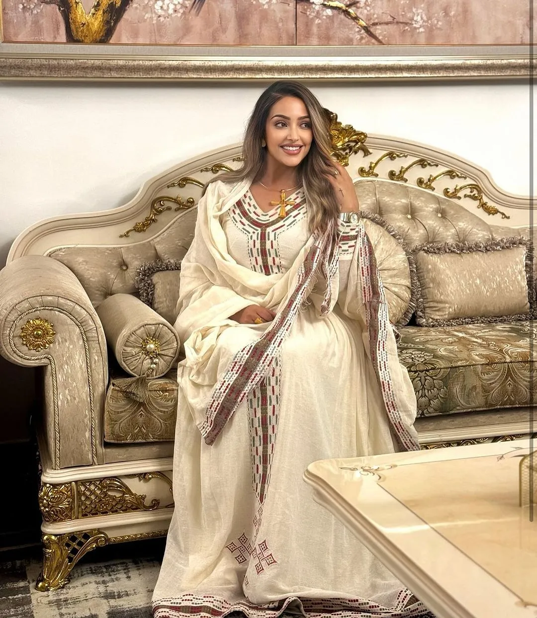 Mesmerizing Cream Habesha Dress: with Red and Brown Cross Stitched Traditional Embroidery Ethiopian Dress