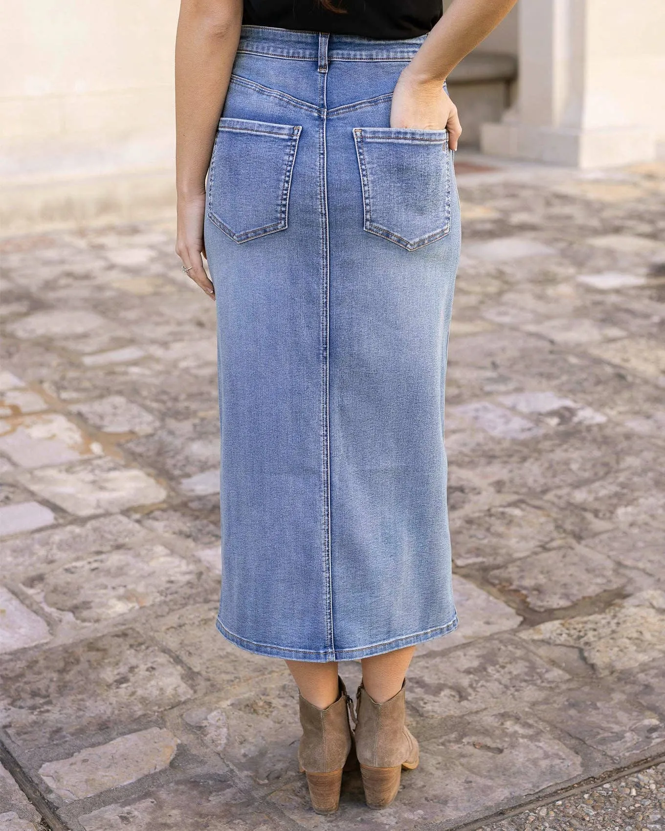 Mid-Wash Denim Midi Skirt