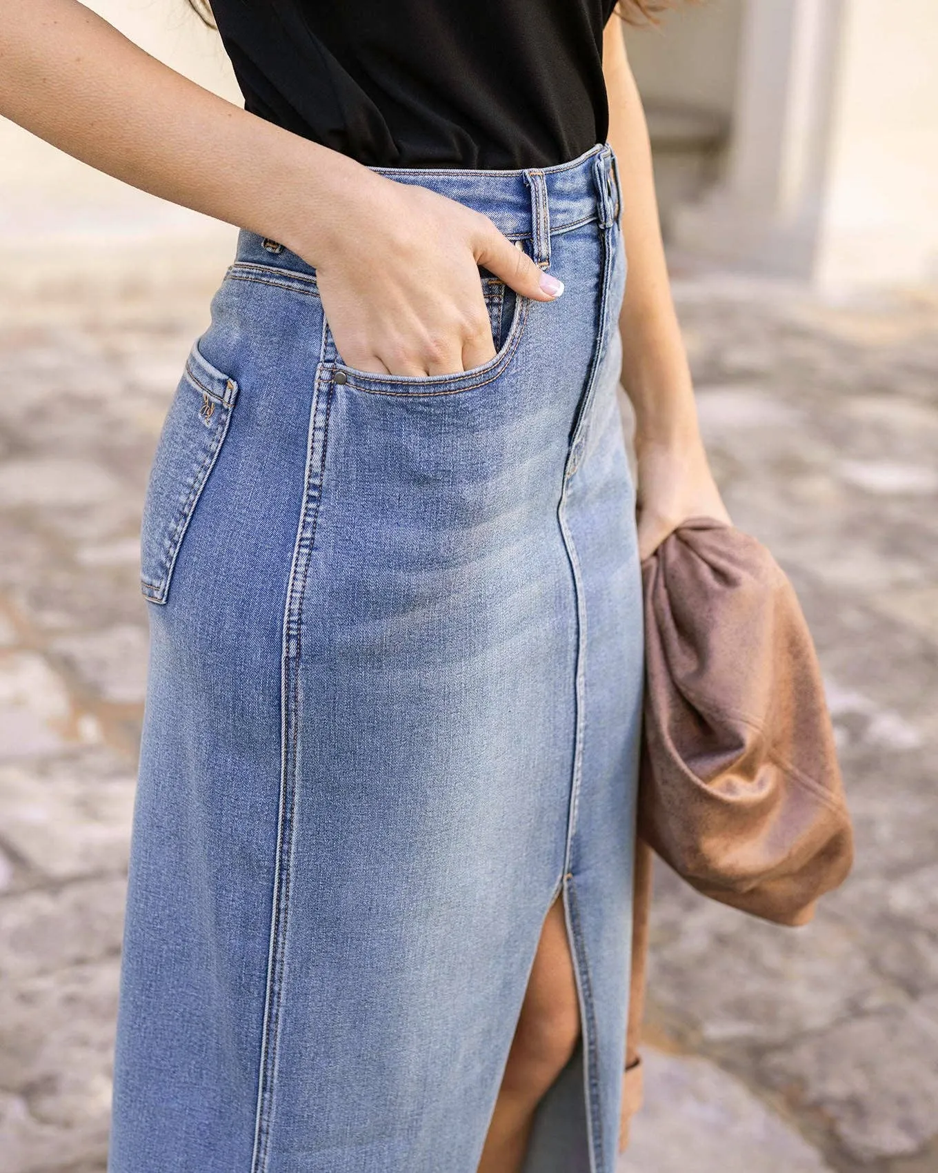 Mid-Wash Denim Midi Skirt