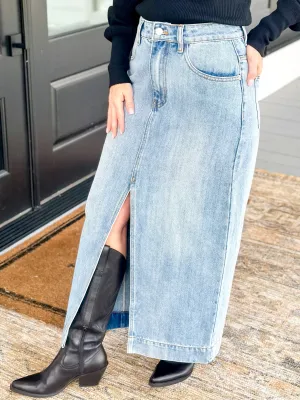 Midi Denim Skirt with Cut Out