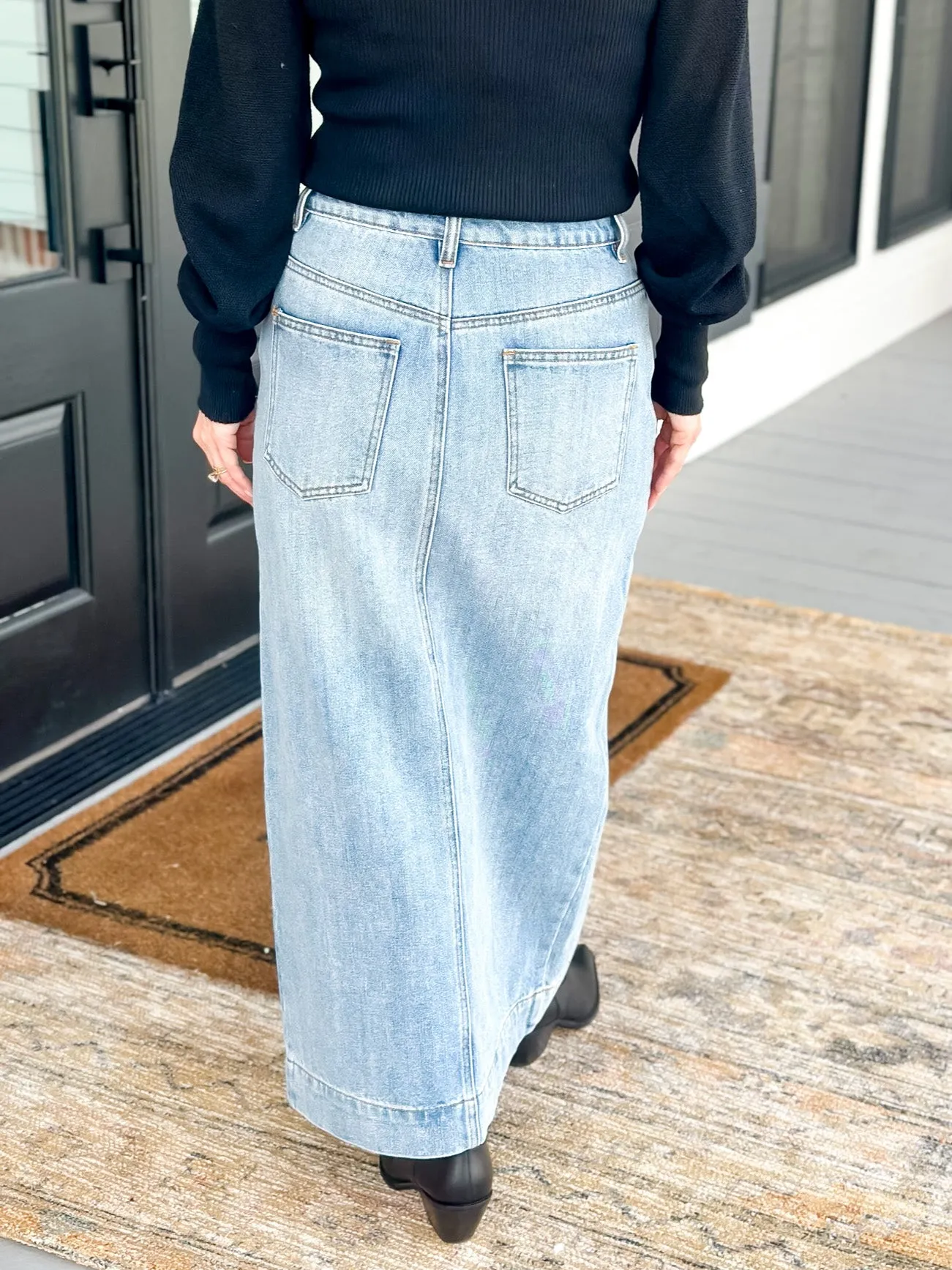 Midi Denim Skirt with Cut Out