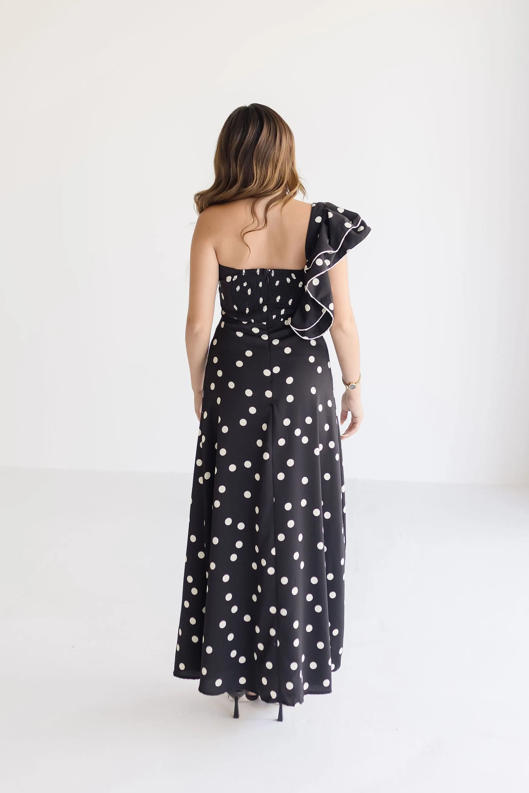 Monique One Shoulder Polka Dot Print Maxi Dress Black