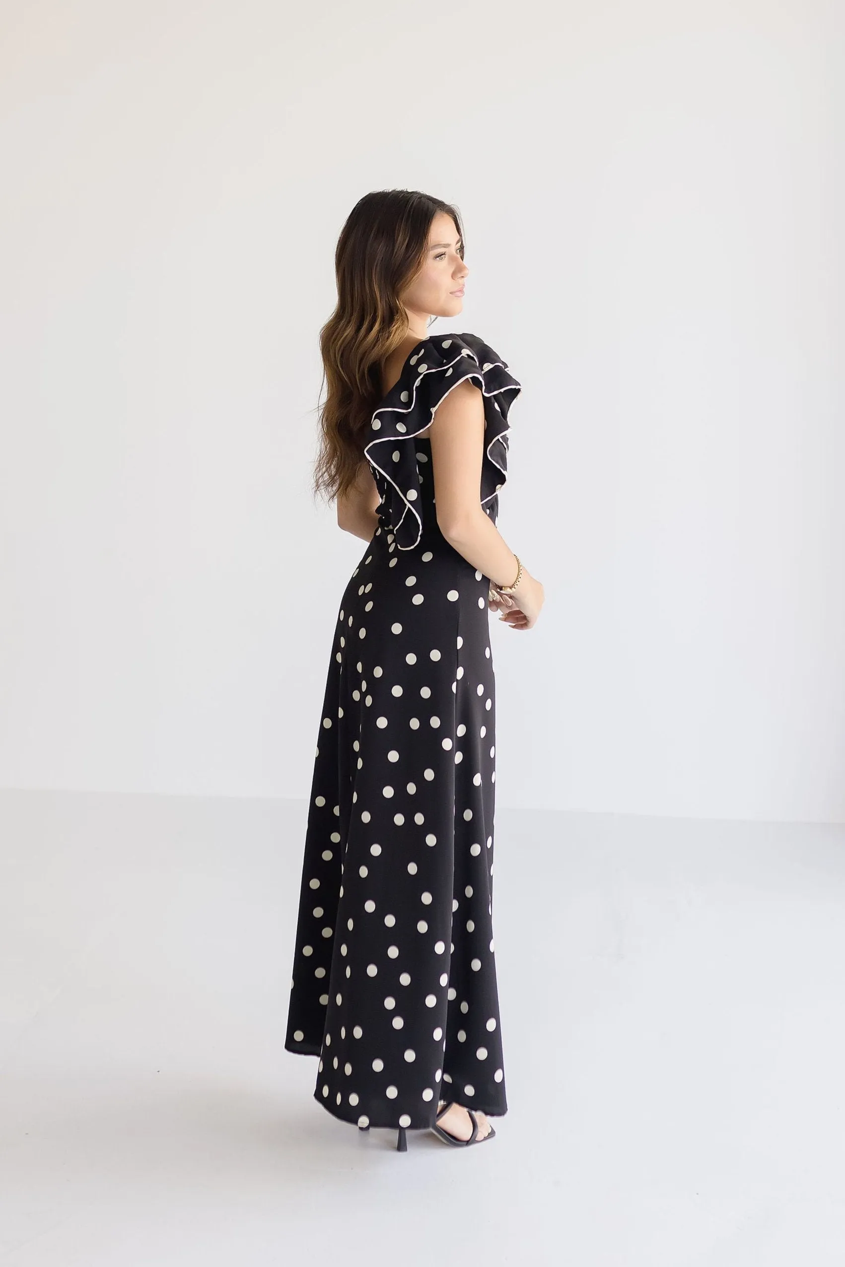 Monique One Shoulder Polka Dot Print Maxi Dress Black