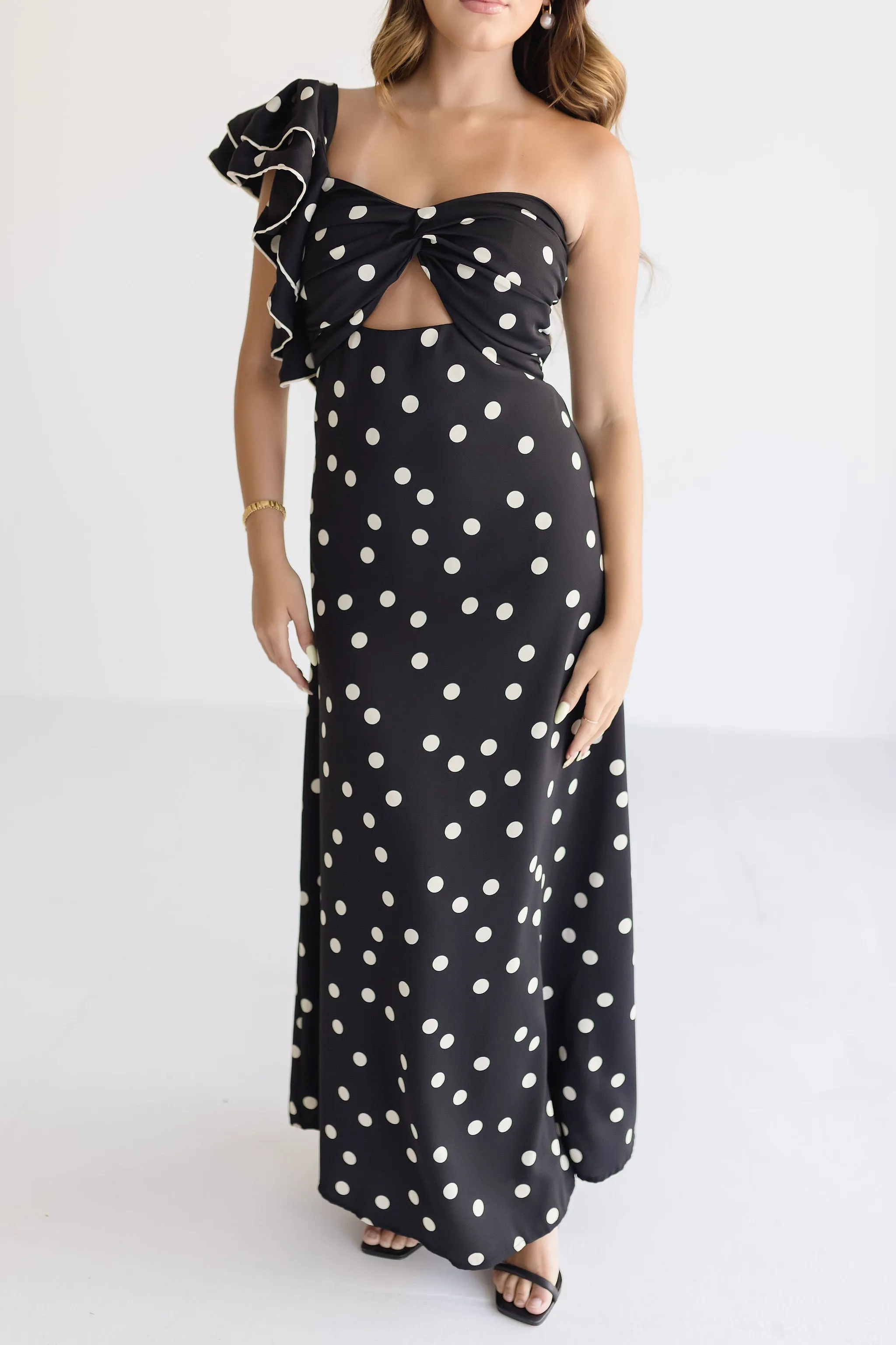 Monique One Shoulder Polka Dot Print Maxi Dress Black