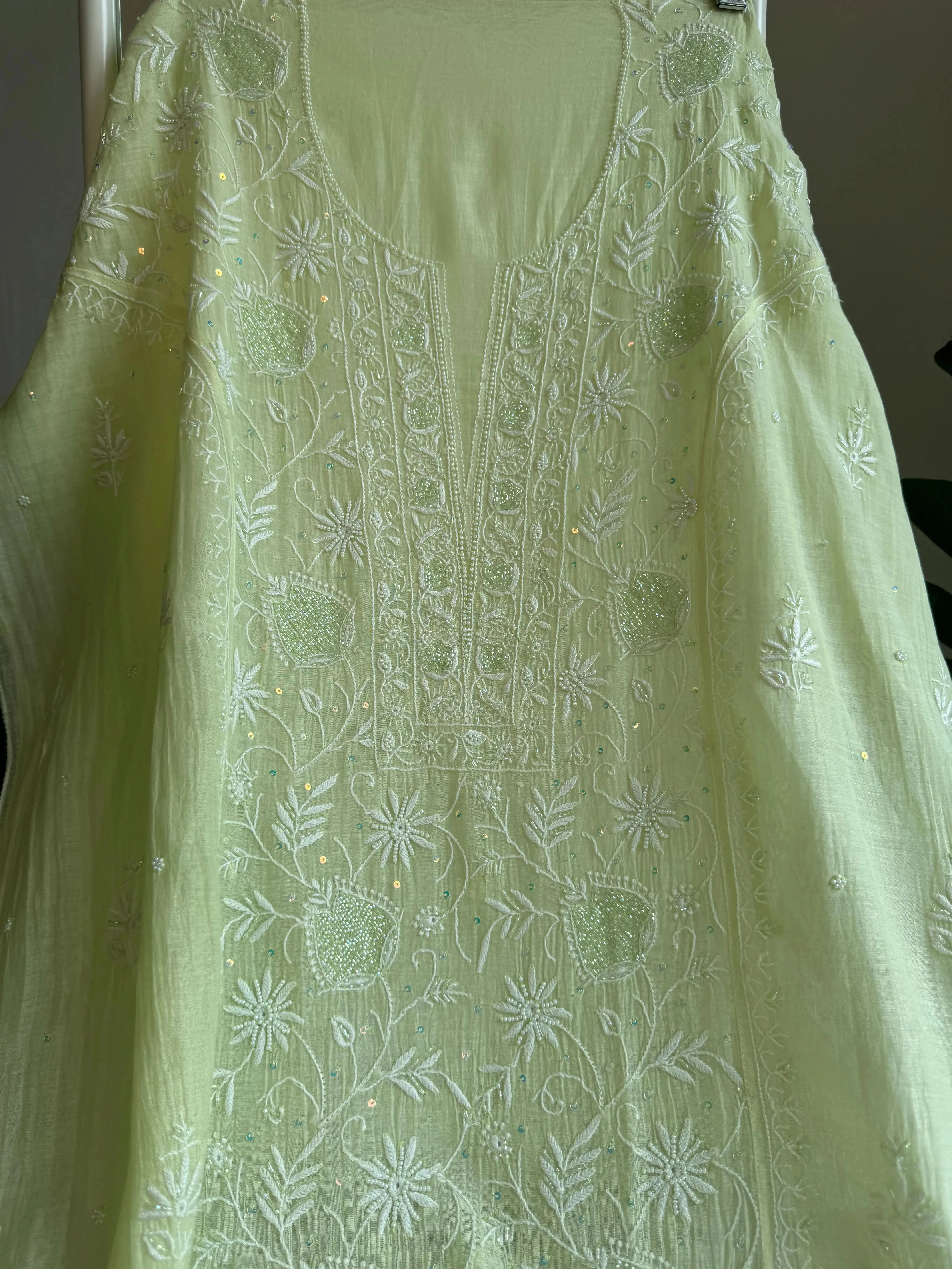 Mul Chanderi Straight Chikankari Tunic - Lemon yellow