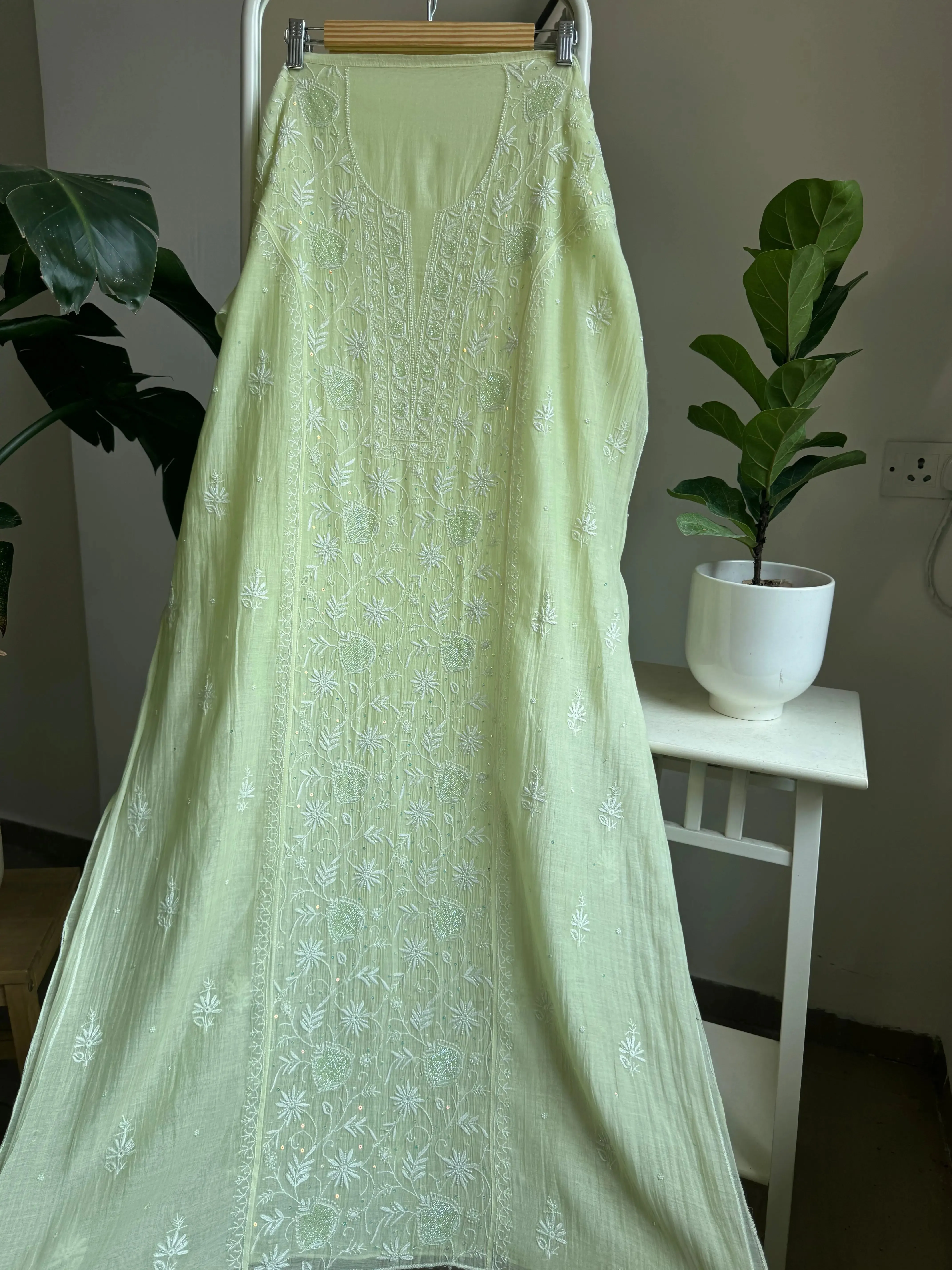 Mul Chanderi Straight Chikankari Tunic - Lemon yellow