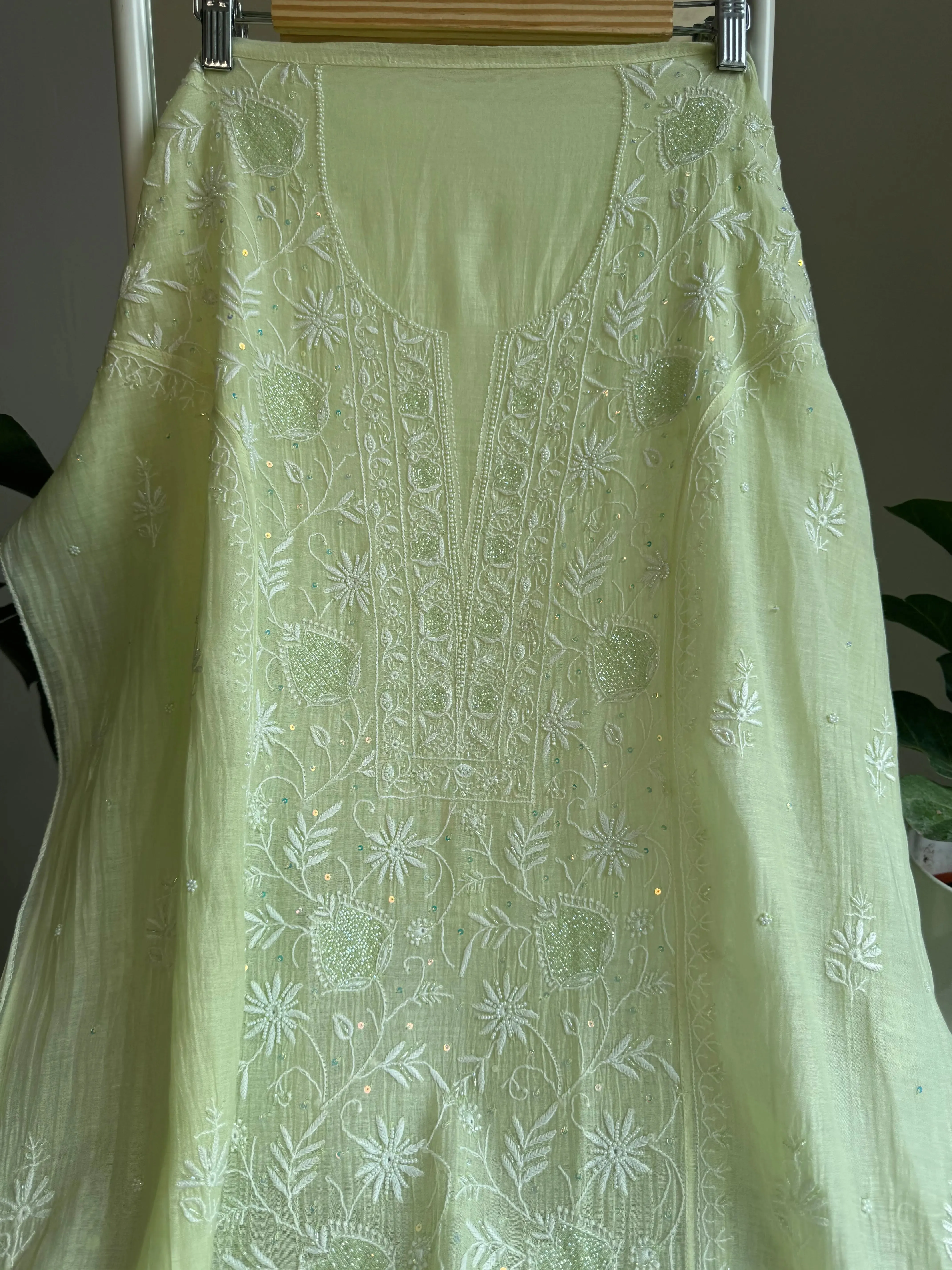 Mul Chanderi Straight Chikankari Tunic - Lemon yellow