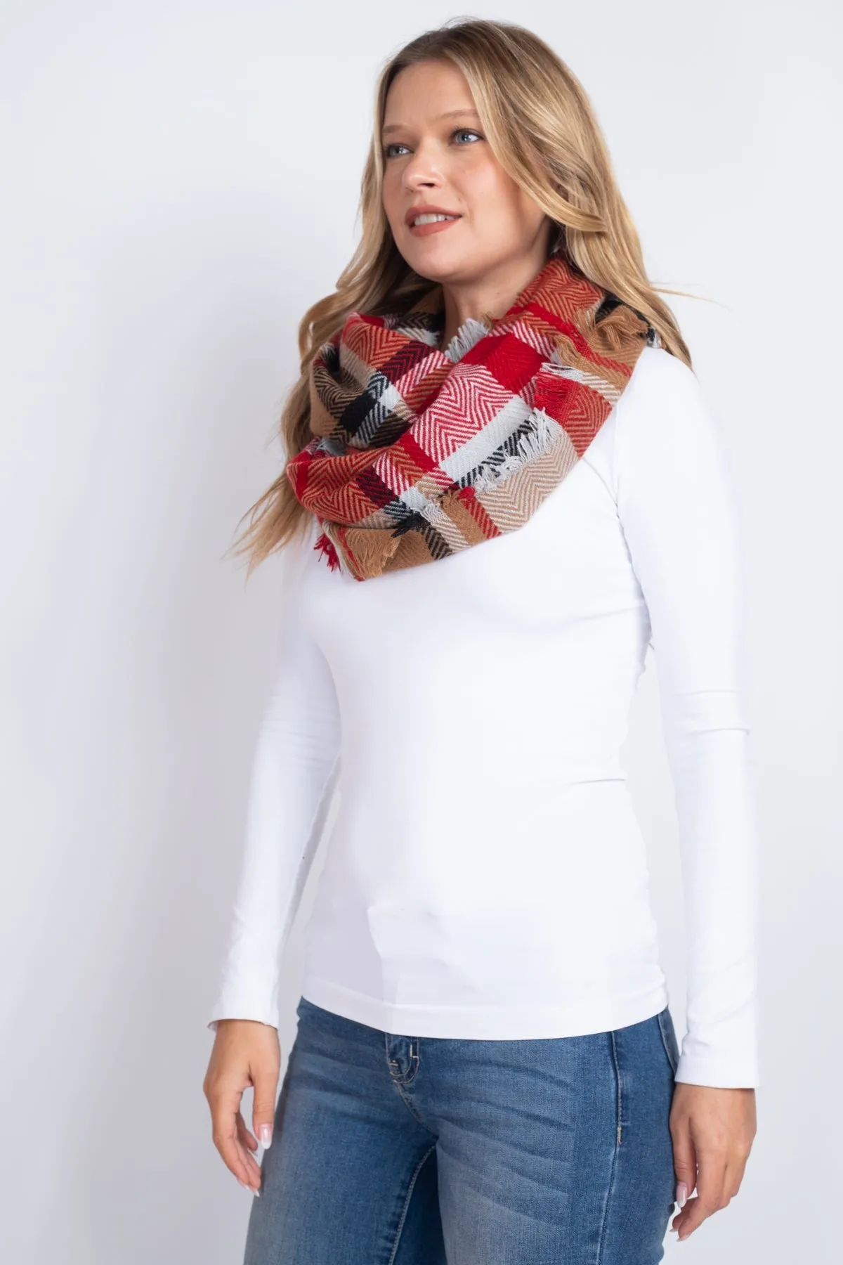 MULTI PLAID INFINITY SCARF ACRYLIC TAUPE RED