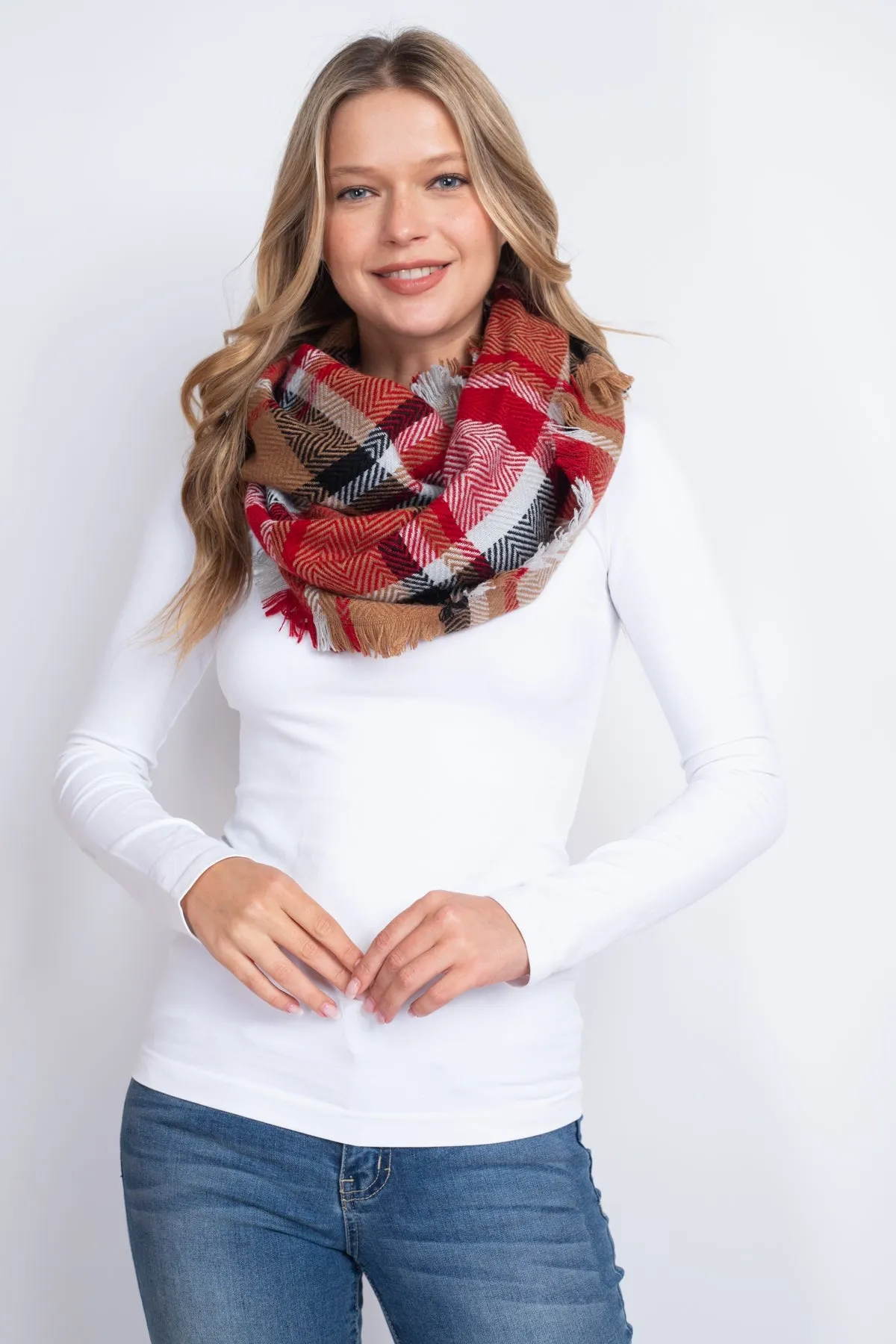 MULTI PLAID INFINITY SCARF ACRYLIC TAUPE RED