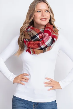 MULTI PLAID INFINITY SCARF ACRYLIC TAUPE RED