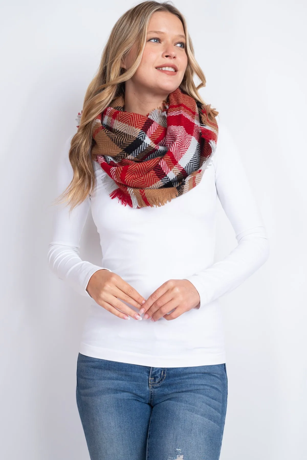 MULTI PLAID INFINITY SCARF ACRYLIC TAUPE RED