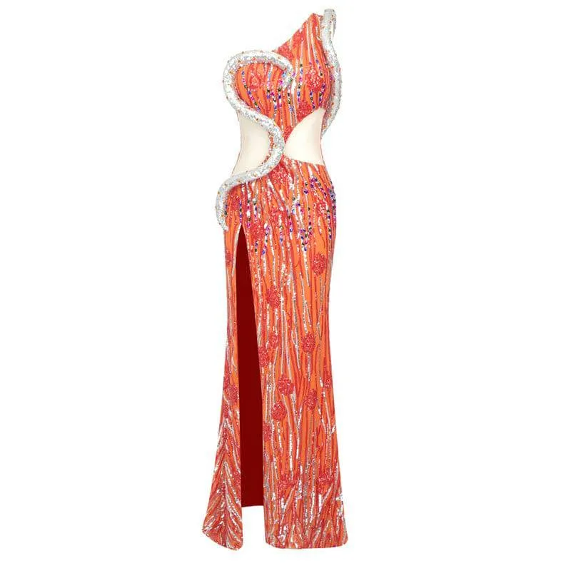 Natalia One Shoulder Sequin Waist Cutout Mesh Maxi Dress Color