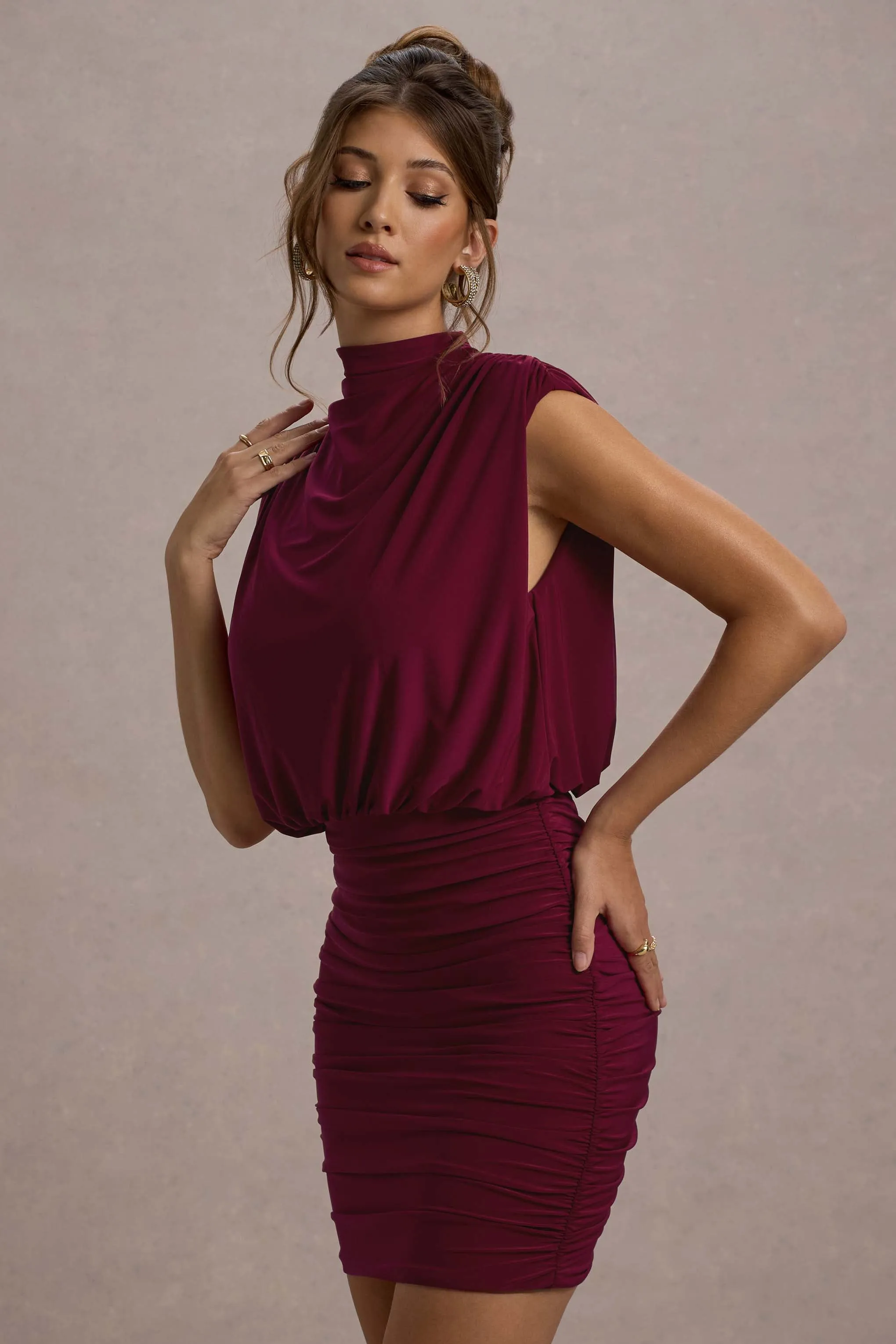 Nymeria | Port High-Neck Draped Bodycon Mini Dress