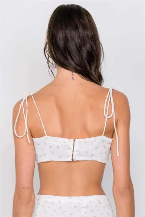 Off White Minimalist Floral Print Bow Bandeau Mini Frill Skirt Set