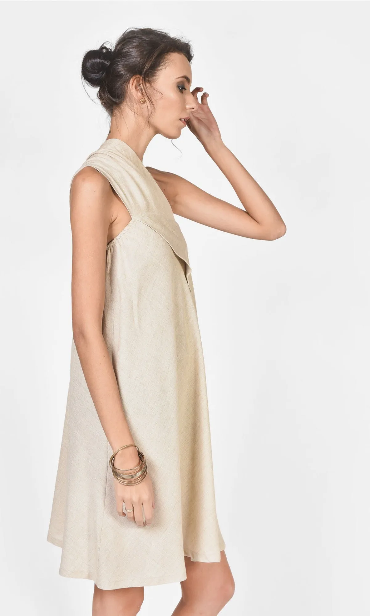 One Shoulder Mini Linen Dress