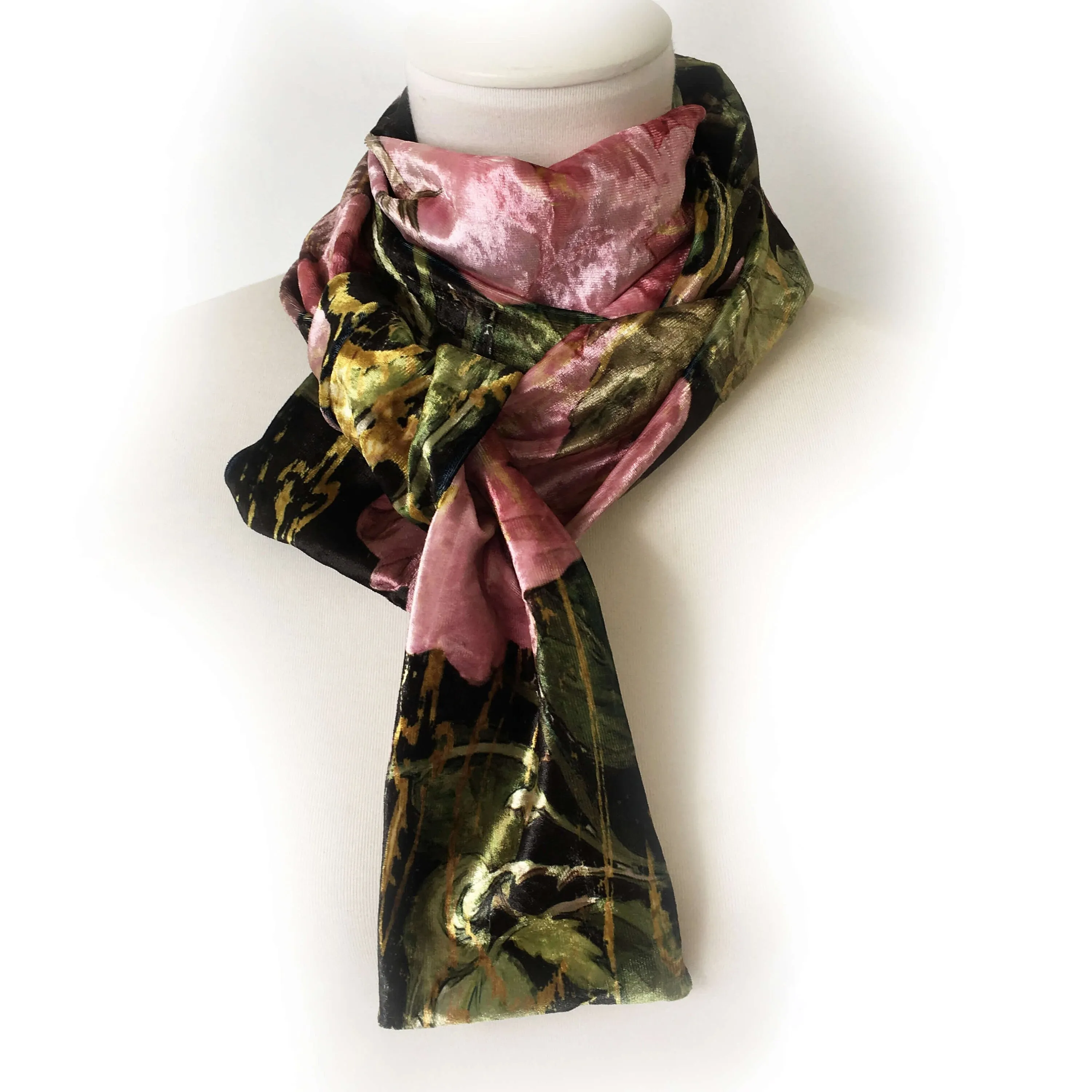 Pink Scroll Rose Scarf Velour Scarf, Womans Scarf, All season, Luminous Scarf, hand painted scarf, artist scarf, Wear all day or evening