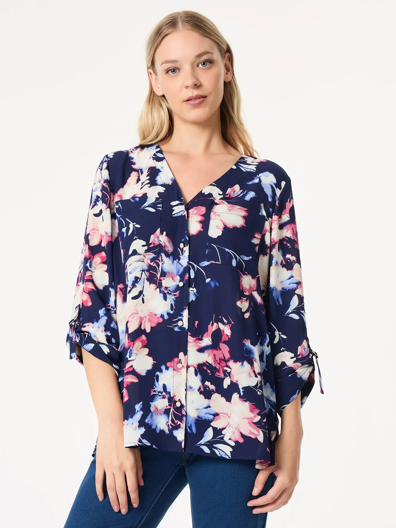 Plus Floral Button-Front Collarless Tunic, Crepe De Chine