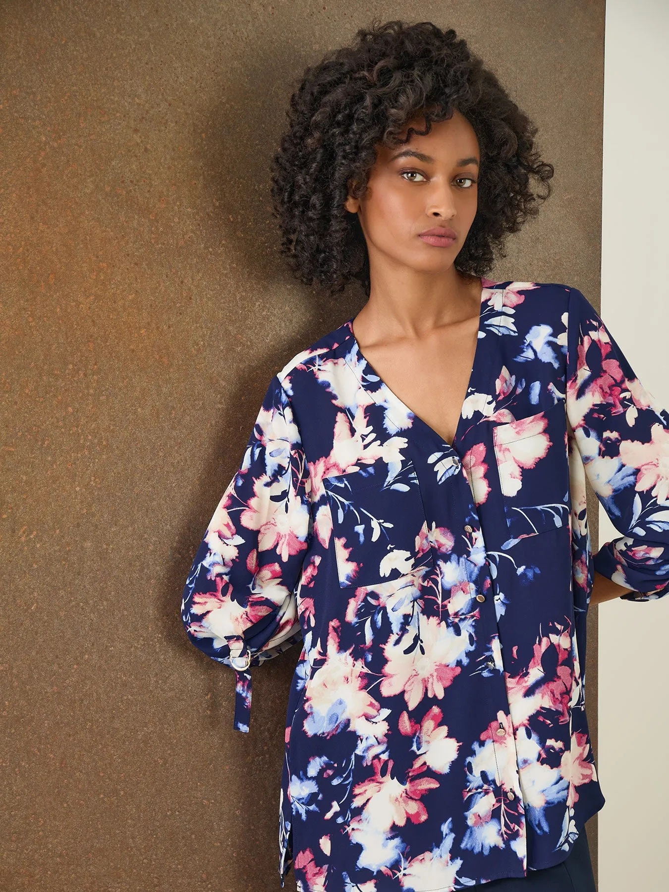 Plus Floral Button-Front Collarless Tunic, Crepe De Chine