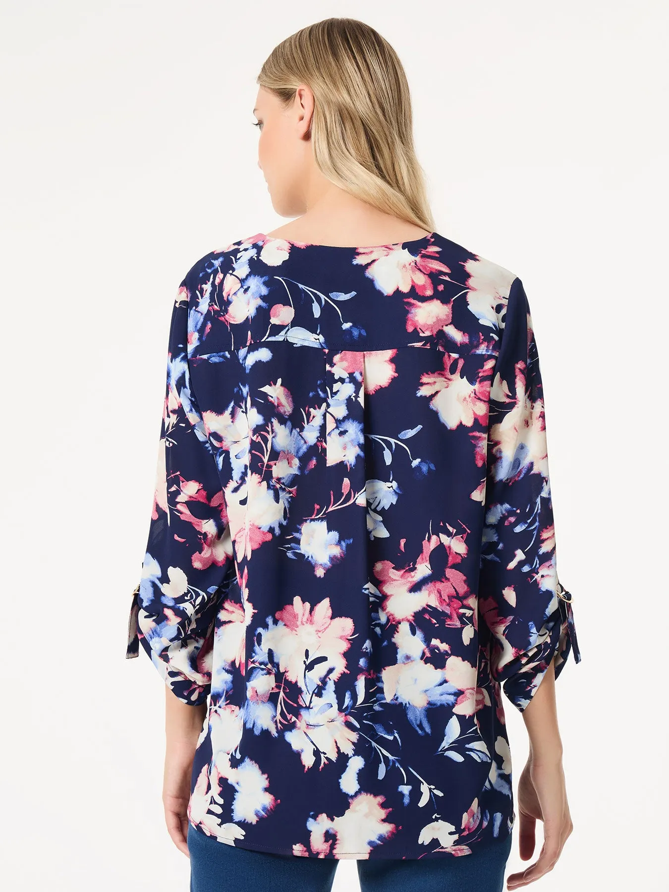 Plus Floral Button-Front Collarless Tunic, Crepe De Chine