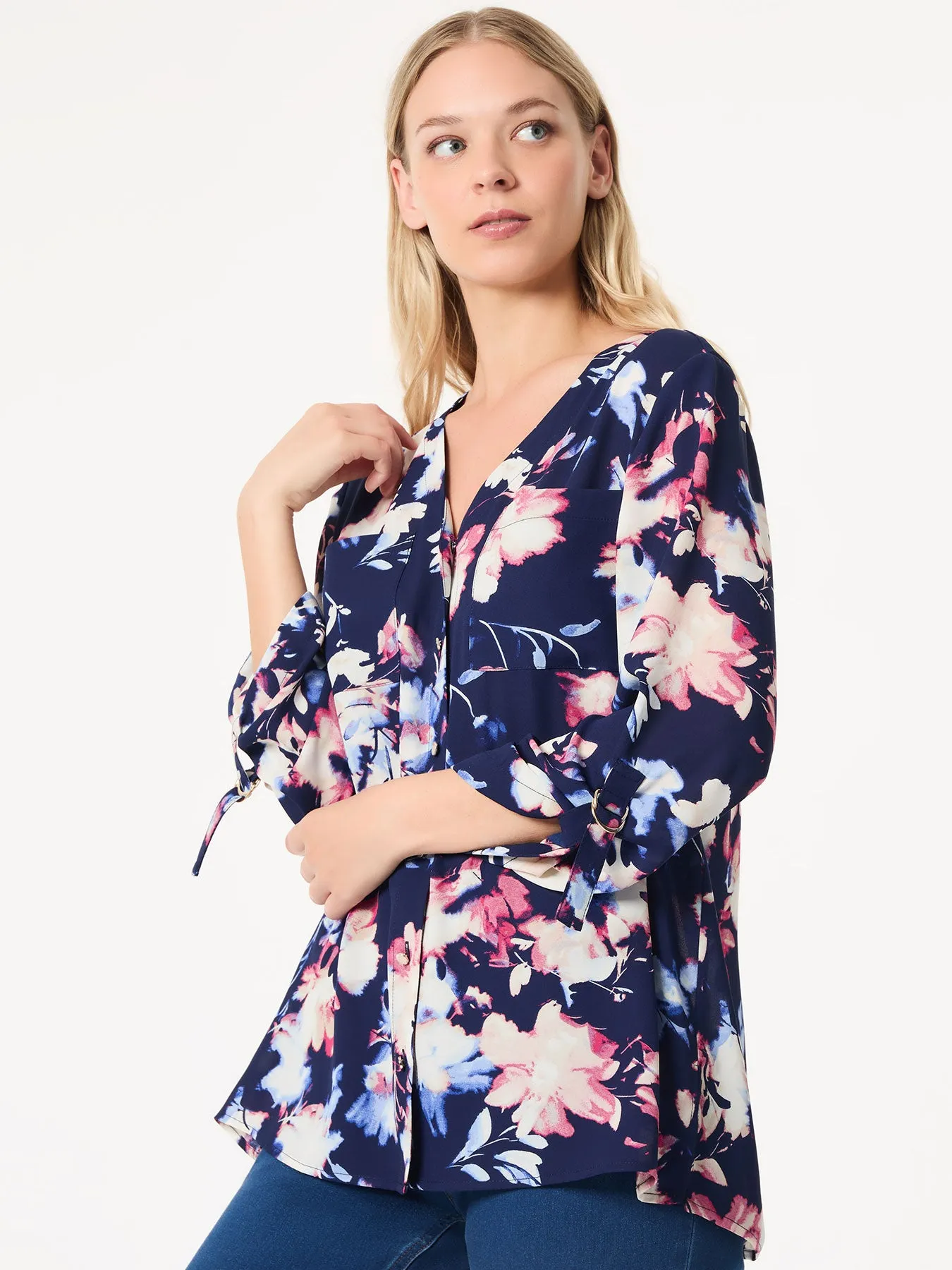 Plus Floral Button-Front Collarless Tunic, Crepe De Chine