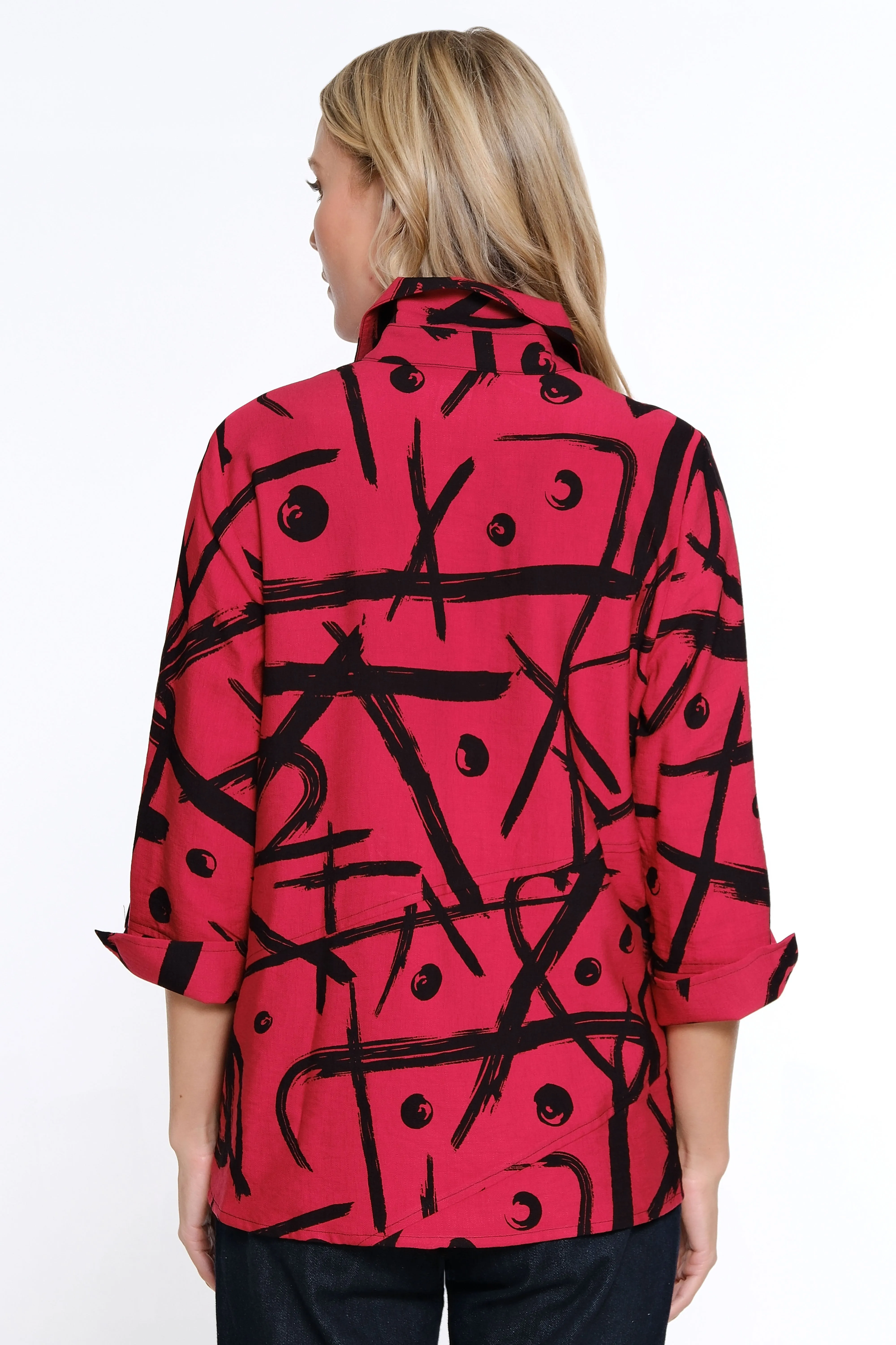 Printed Woven Button Front Blouse - Spicy Red