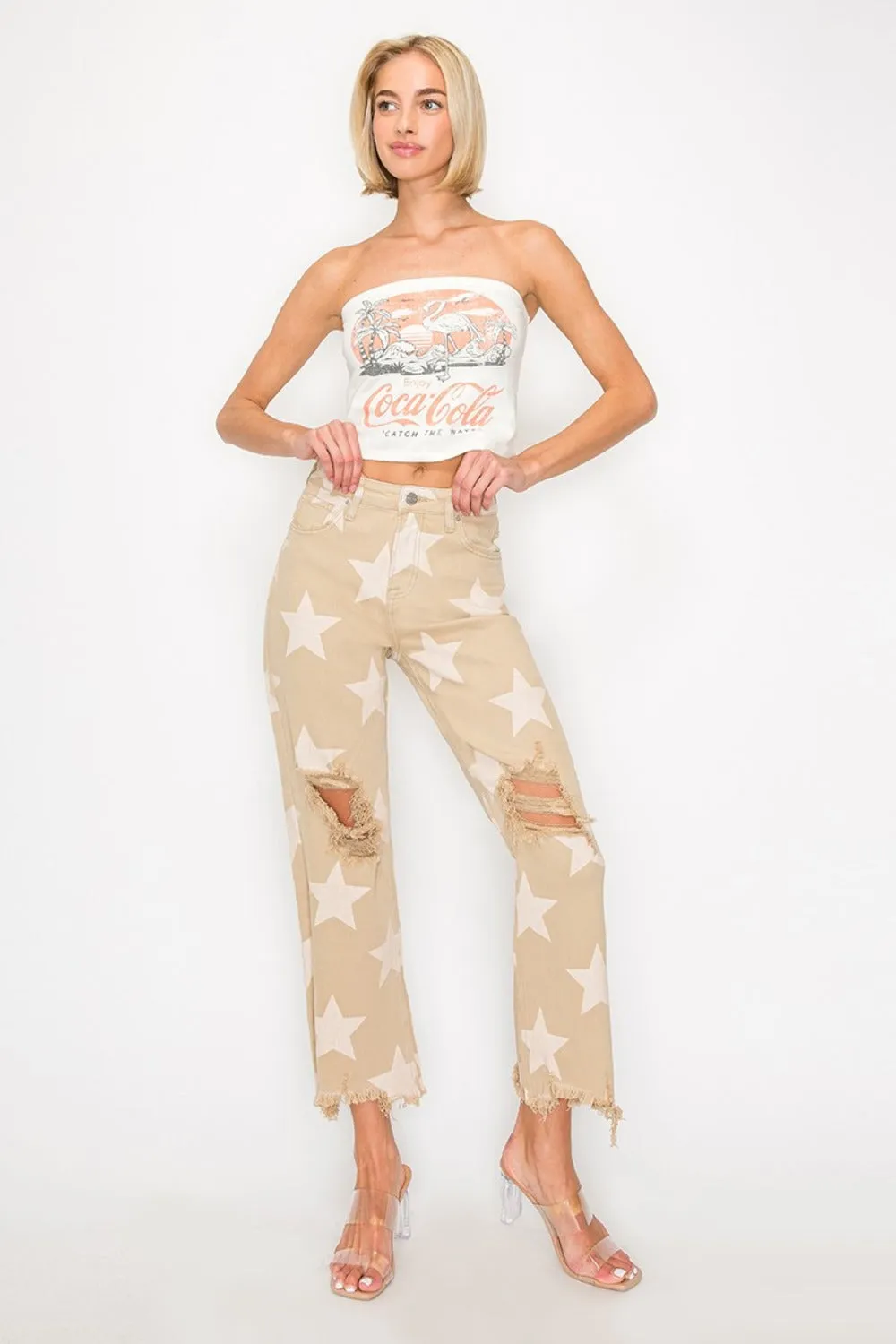 RISEN High Rise Star Printed Frayed Hem Jeans