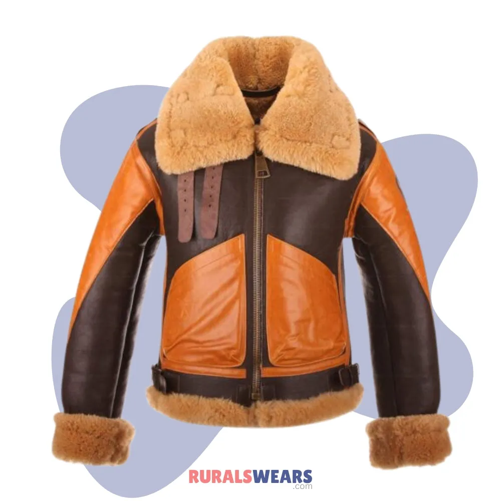 RW Authentic Sheepskin A4 Brown Genuine Leather Jacket Faux Shearling