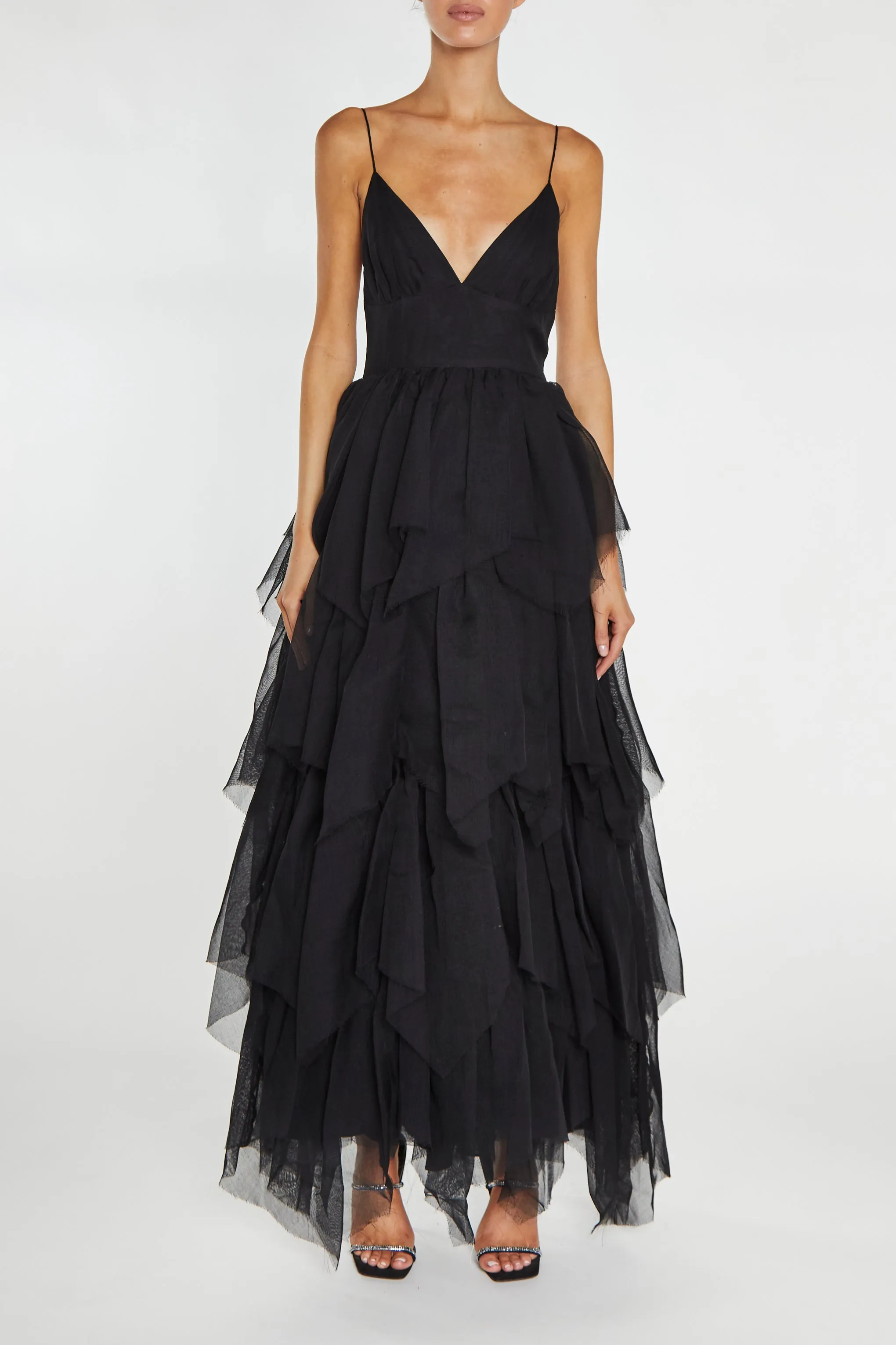 Sadie Black Layered Hanky-Hem Tulle Maxi Dress